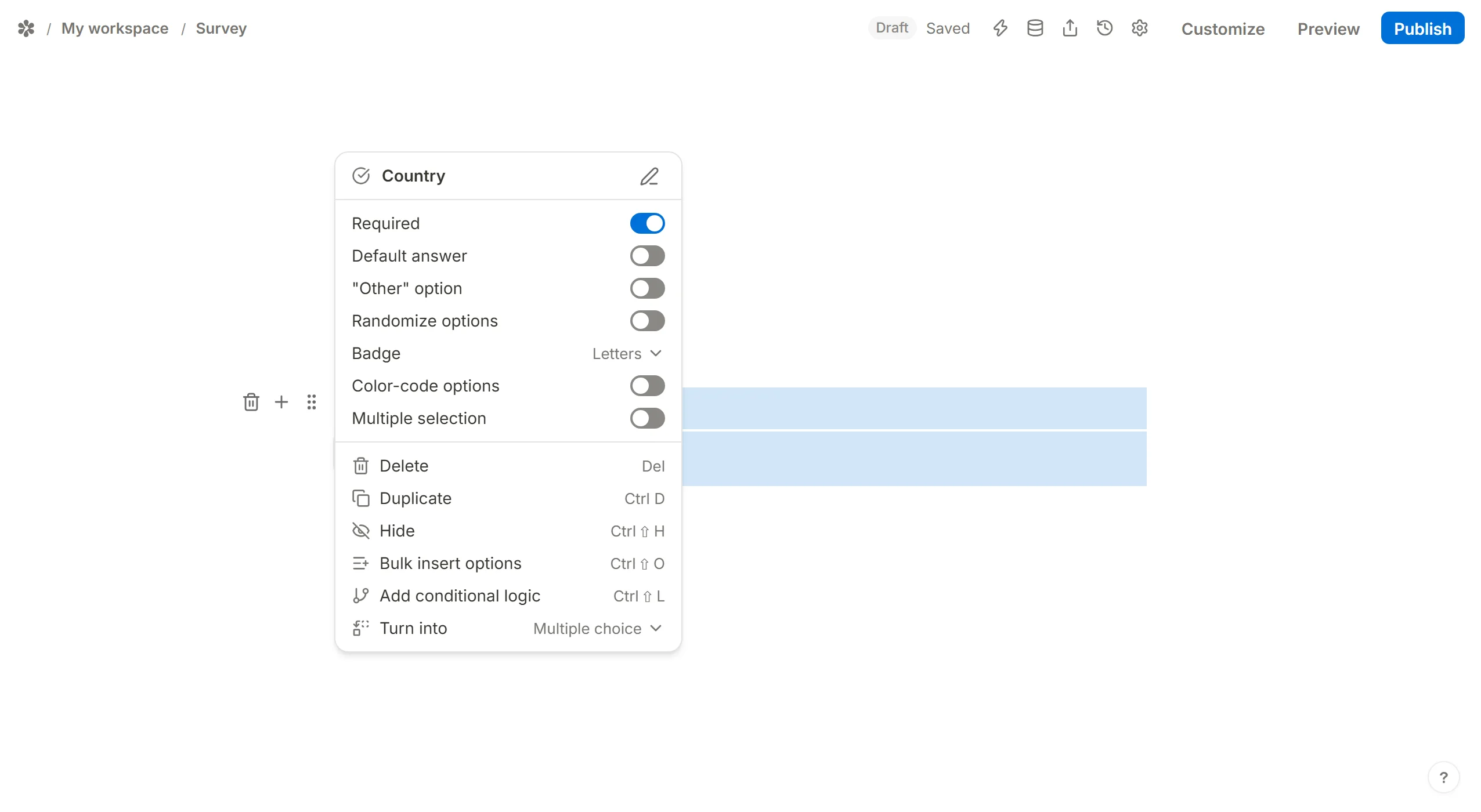A choice question's block menu open in the editor, with Bulk insert options among its rows