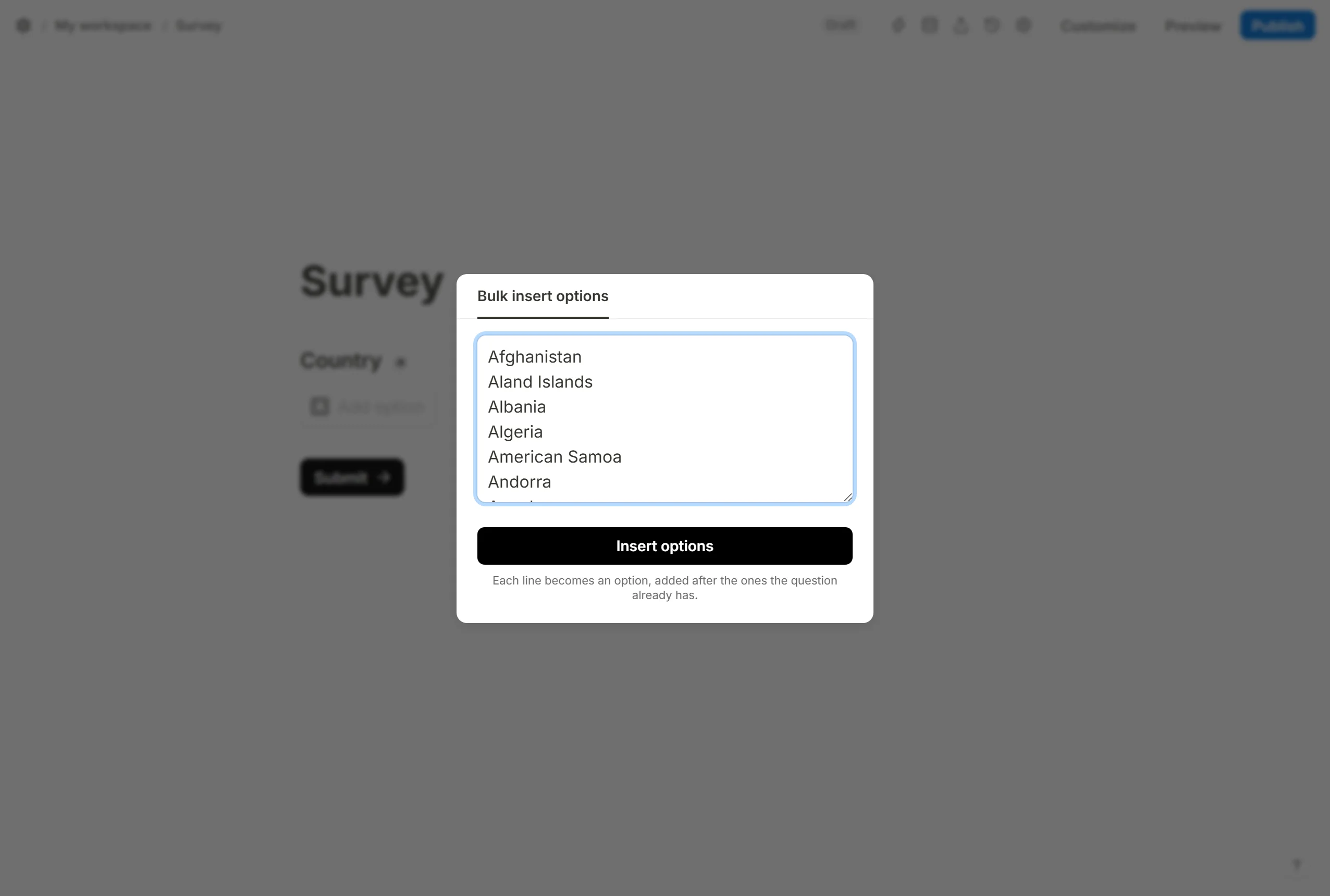 The Bulk insert options dialog with a list of countries typed into its box, one per line