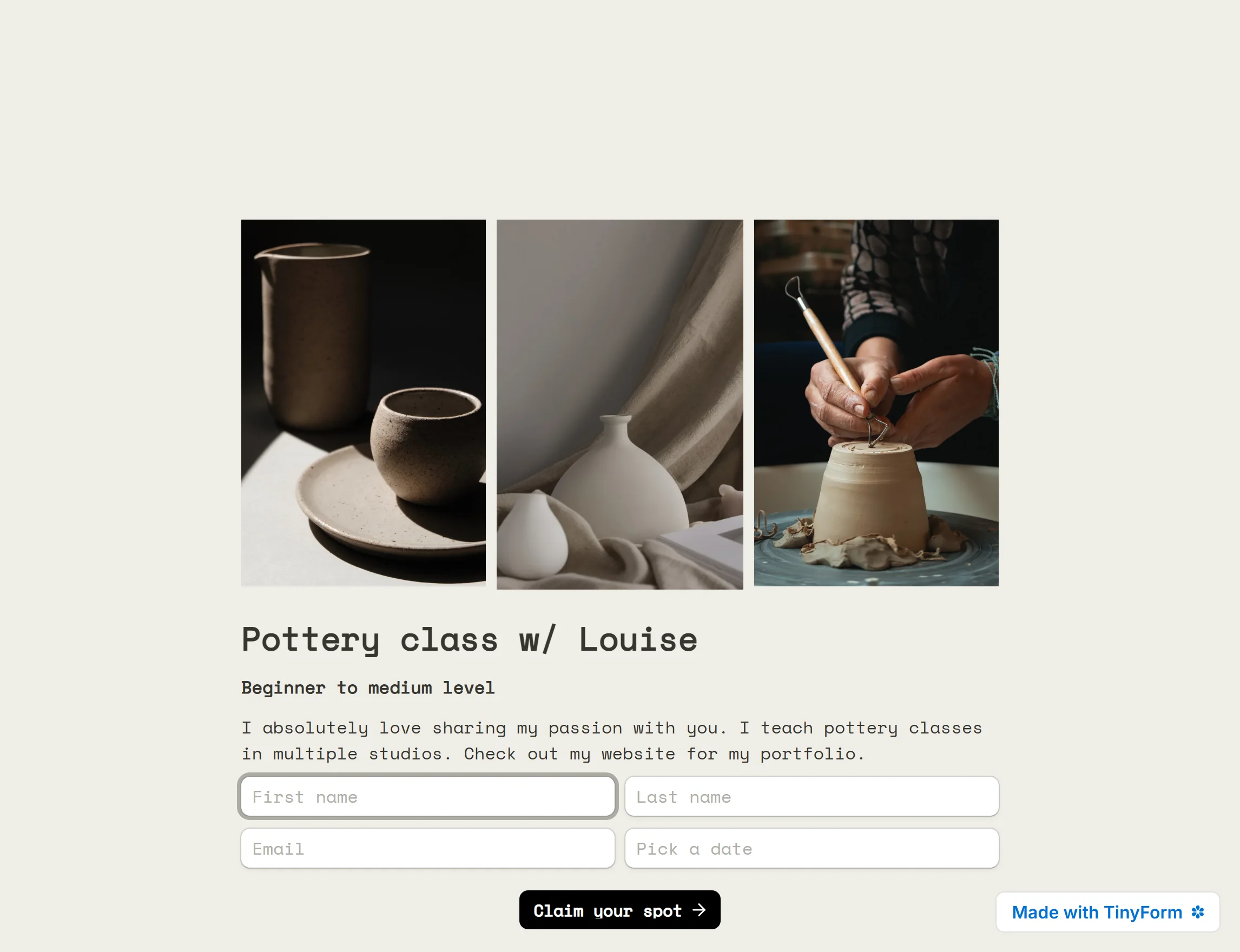 A published form whose three photographs share one row above the title, and whose name and date questions sit two to a row