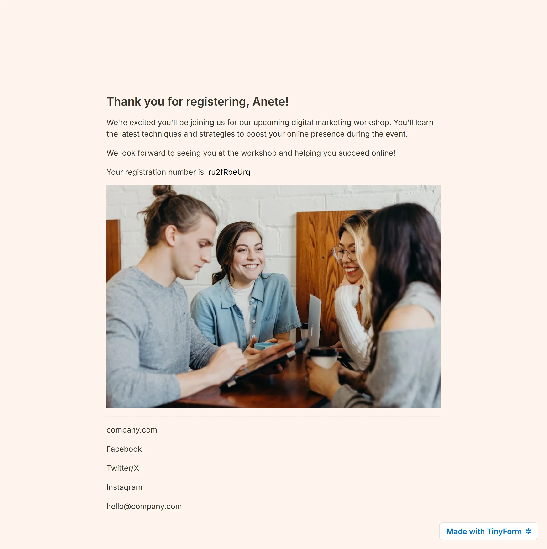 The ending page a respondent lands on after submitting, where the closing message, the photograph beside it and the row of links are each drawn full width, one under the other