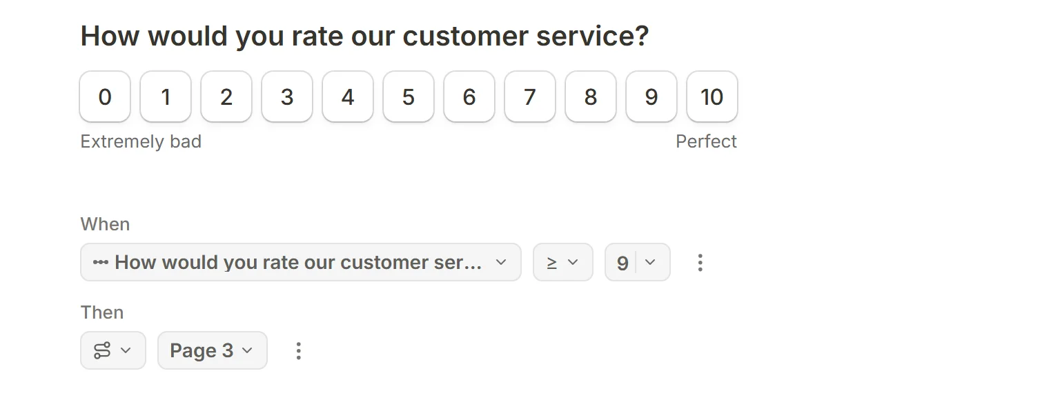 A rating question in the builder with the rule under it that jumps to page 3 when the answer is 9 or more