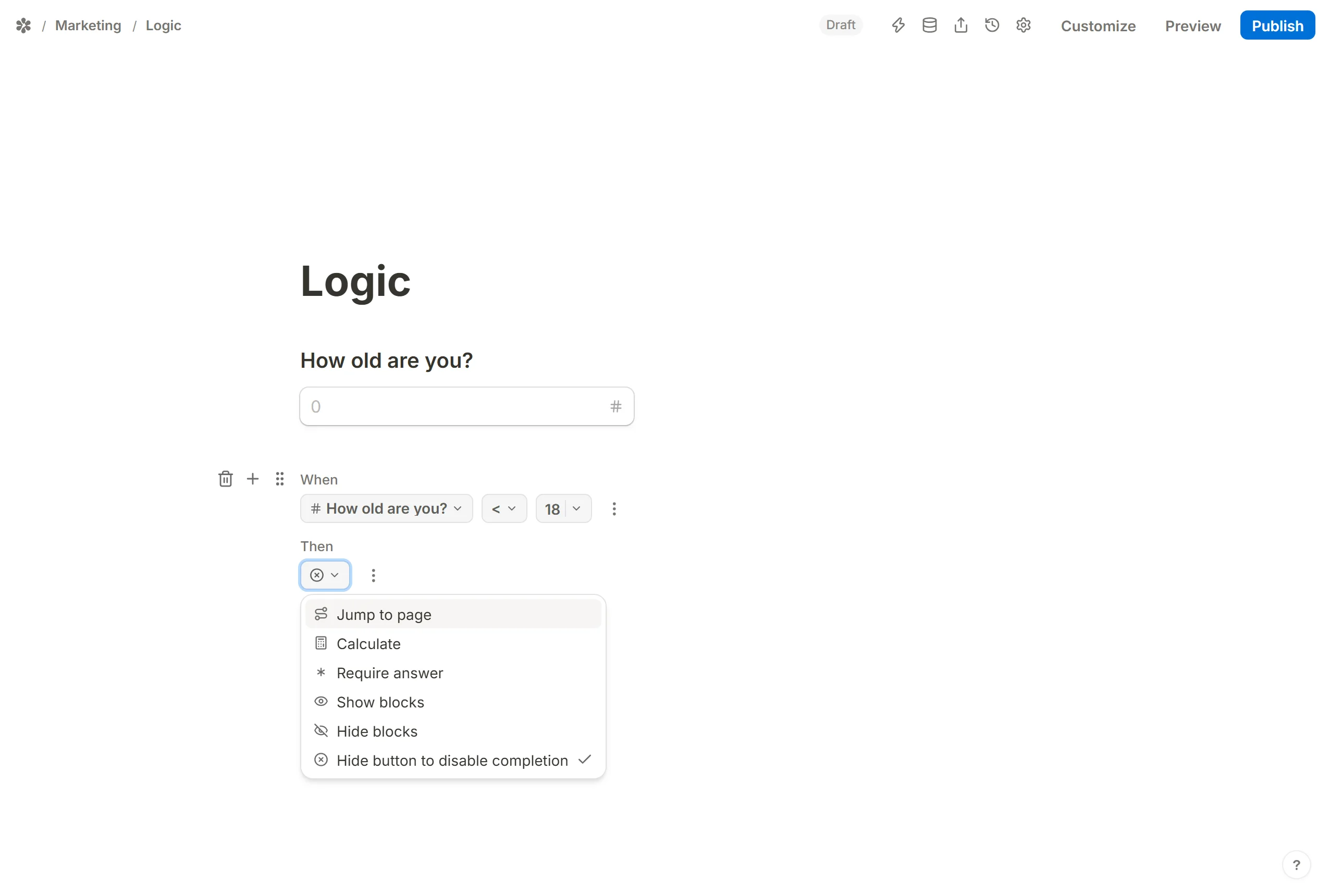 Hide button to disable completion chosen, which takes the Next button off the page while the condition holds