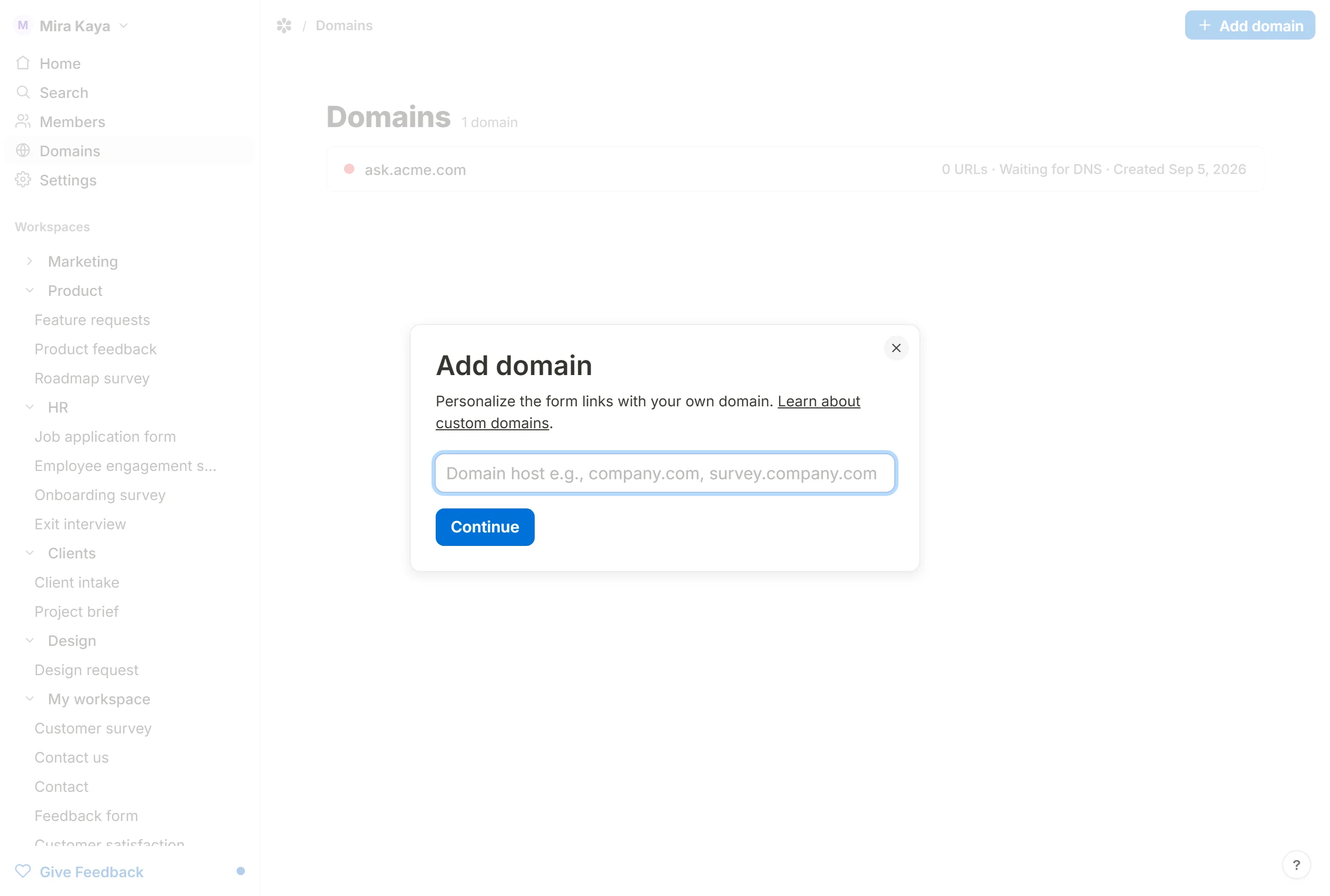 The Add domain dialog, which asks for one thing: the hostname