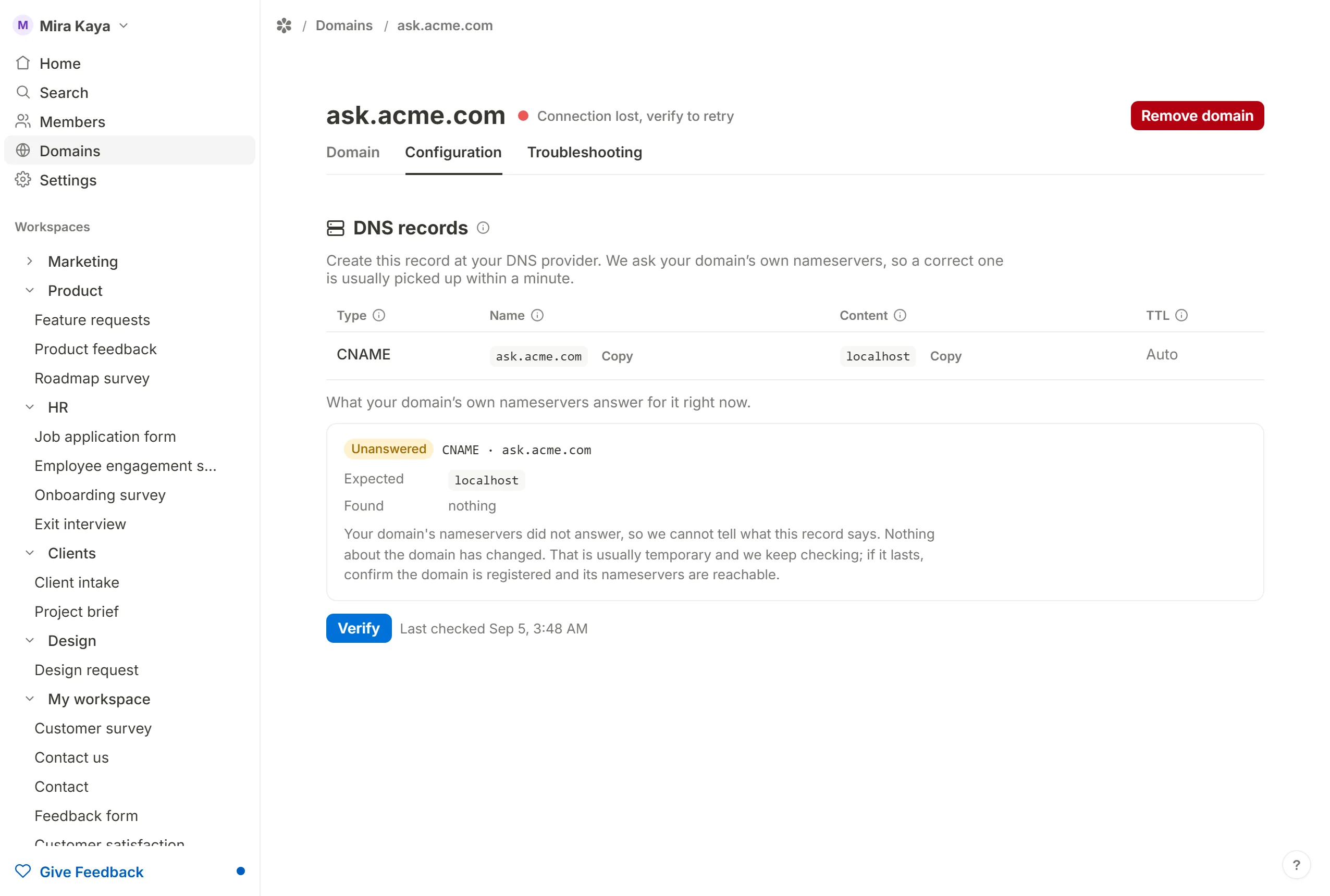 The Configuration tab of a failing domain, with the button that checks again