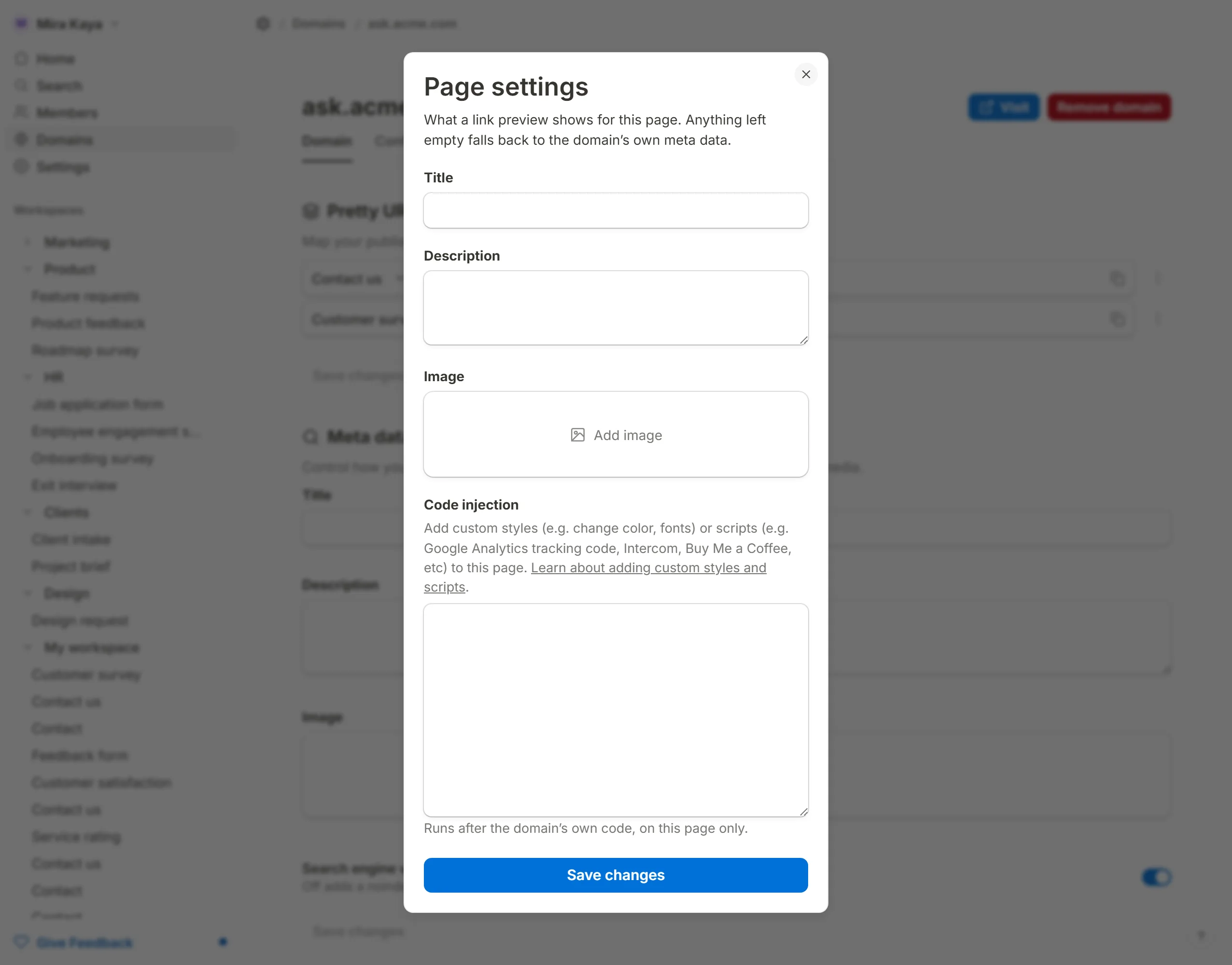 The Page settings dialog, which overrides those for one URL