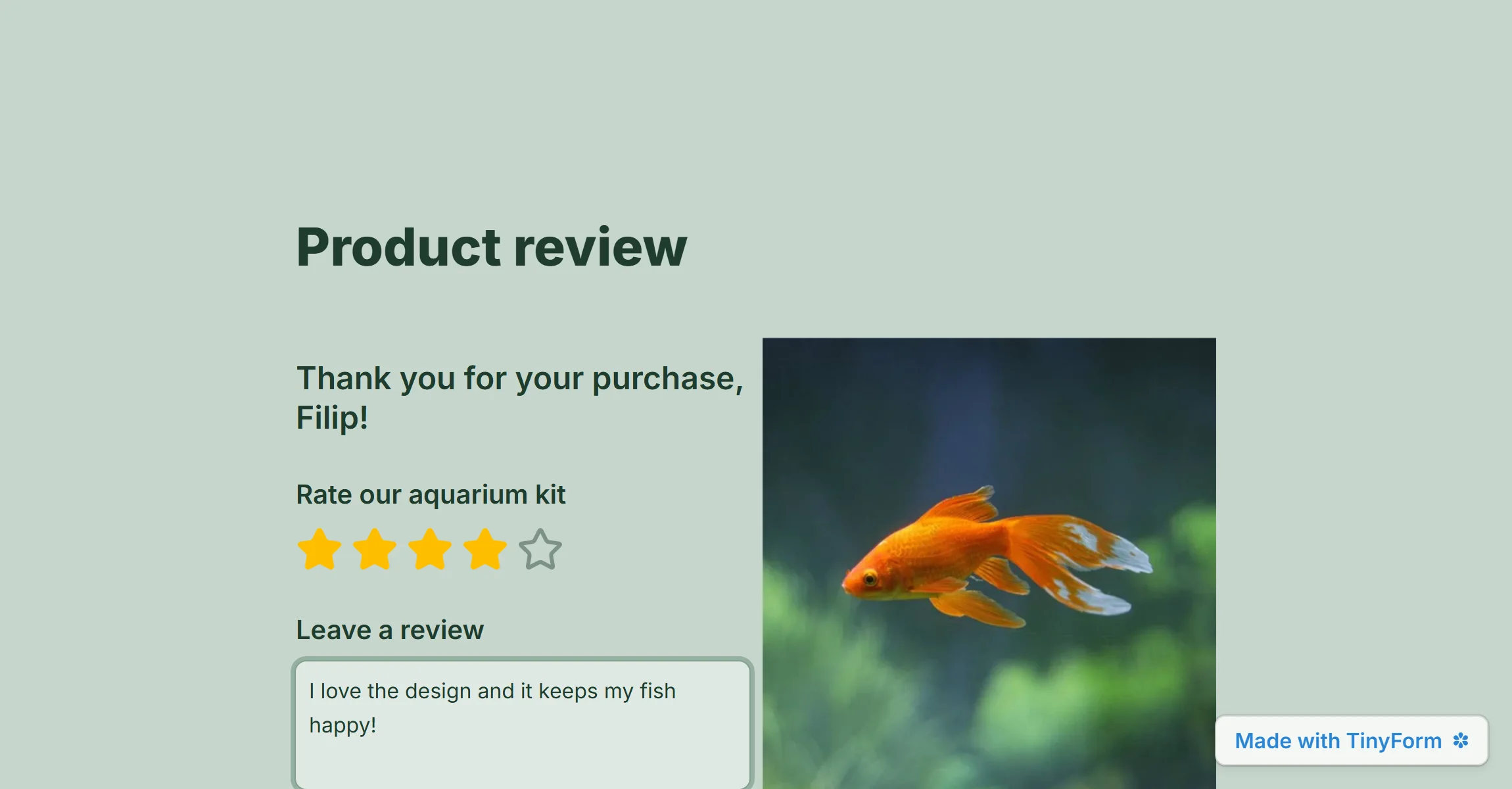 A published form in a soft green theme, its star rating and review filled in beside a photograph.