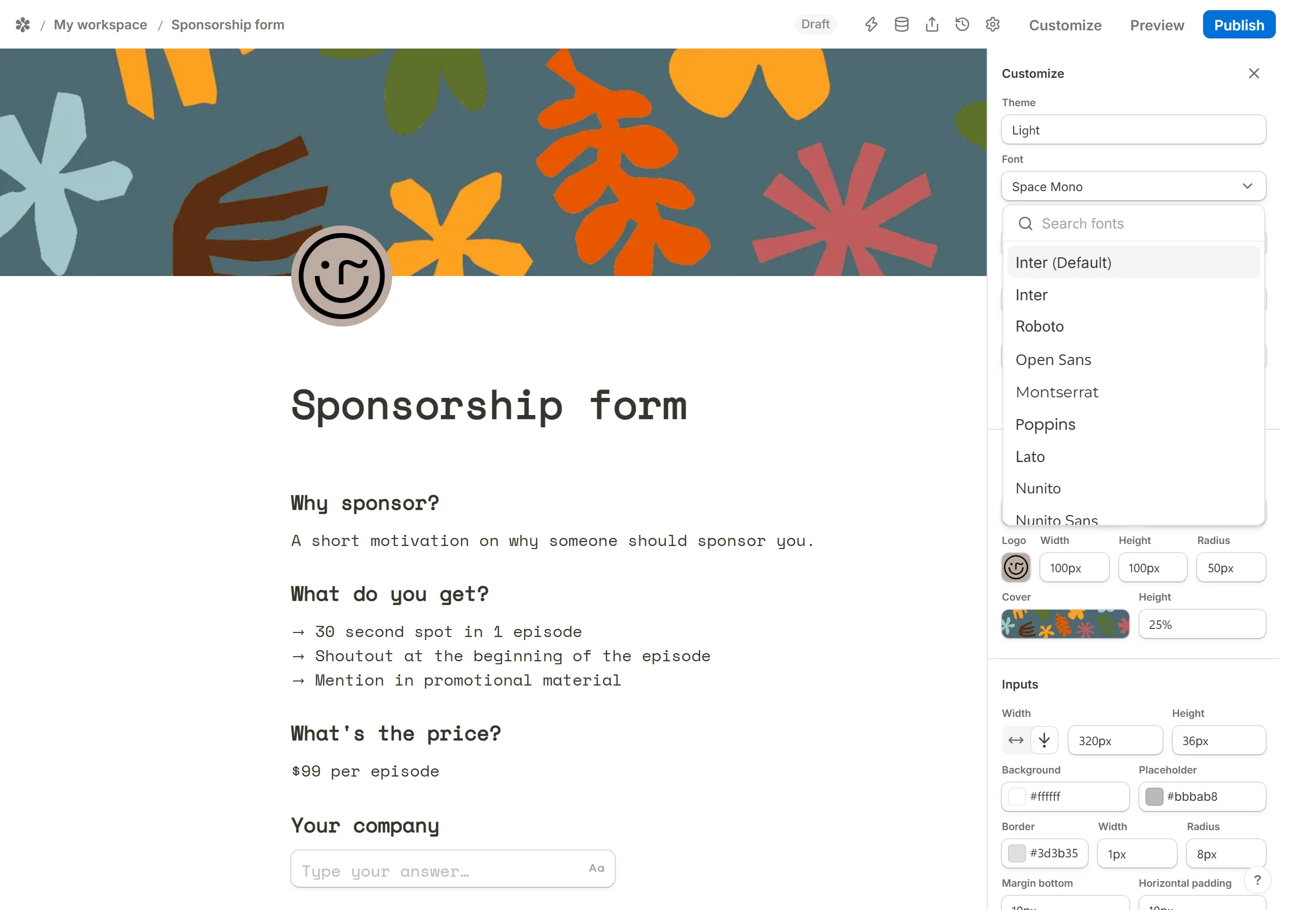 The Font row opened, listing the families a form can load.