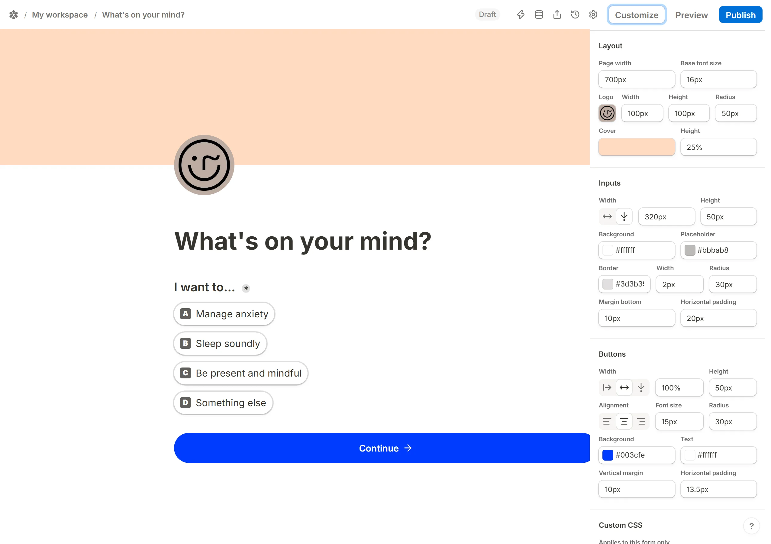 The Customize panel scrolled to its Layout, Inputs and Buttons sections.