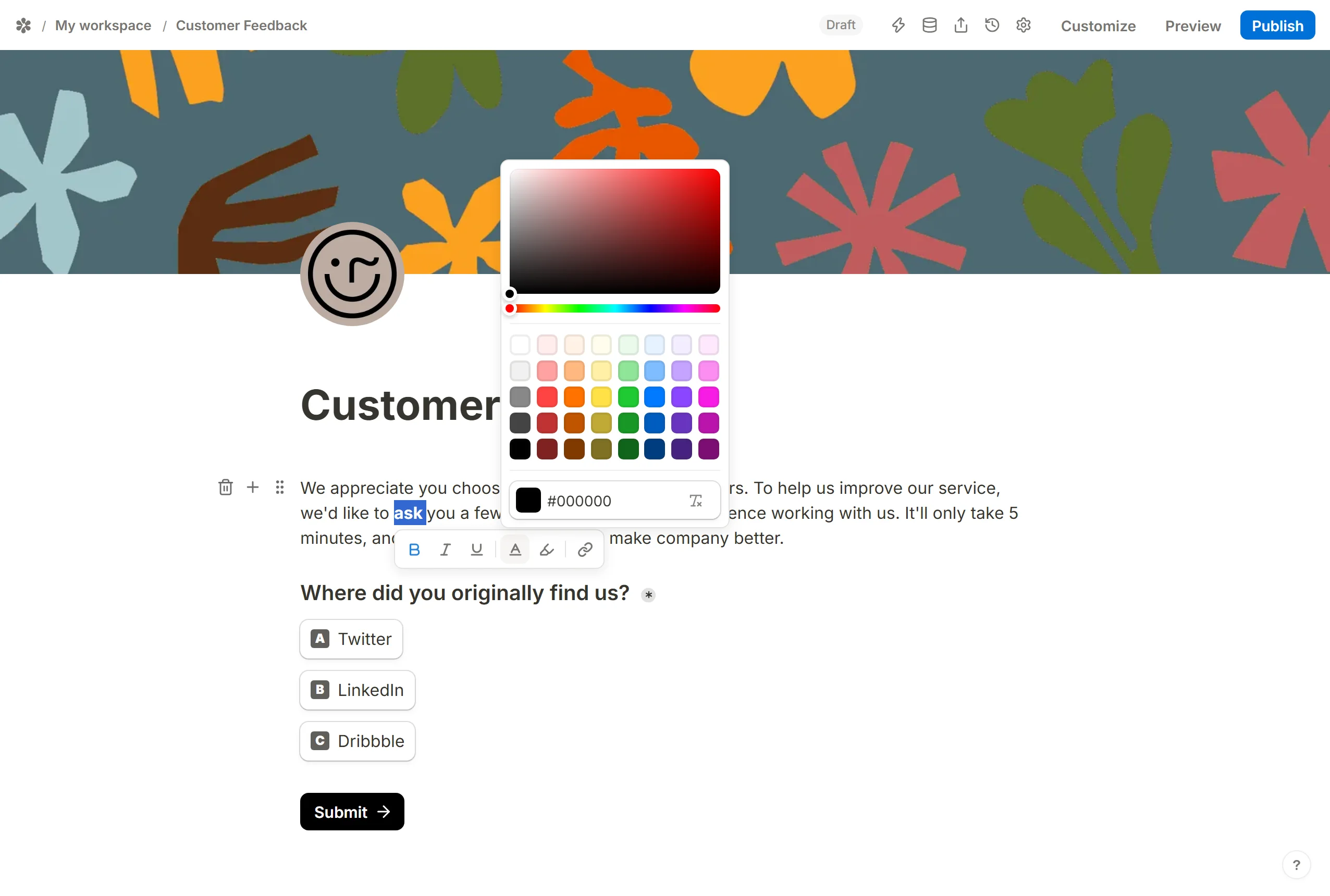 The text colour panel open over a selected word, with Reset under the swatches.