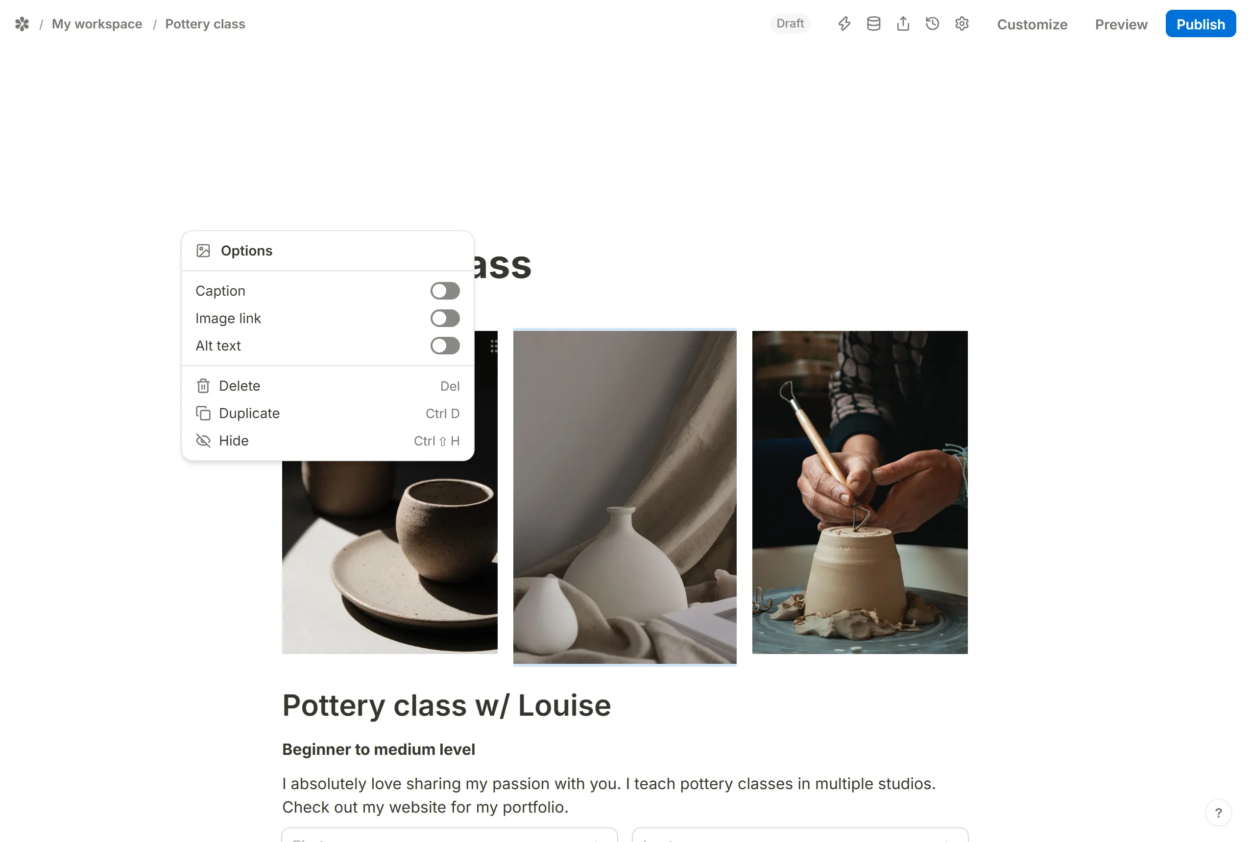 An image block menu open on its Caption, Image link and Alt text switches.