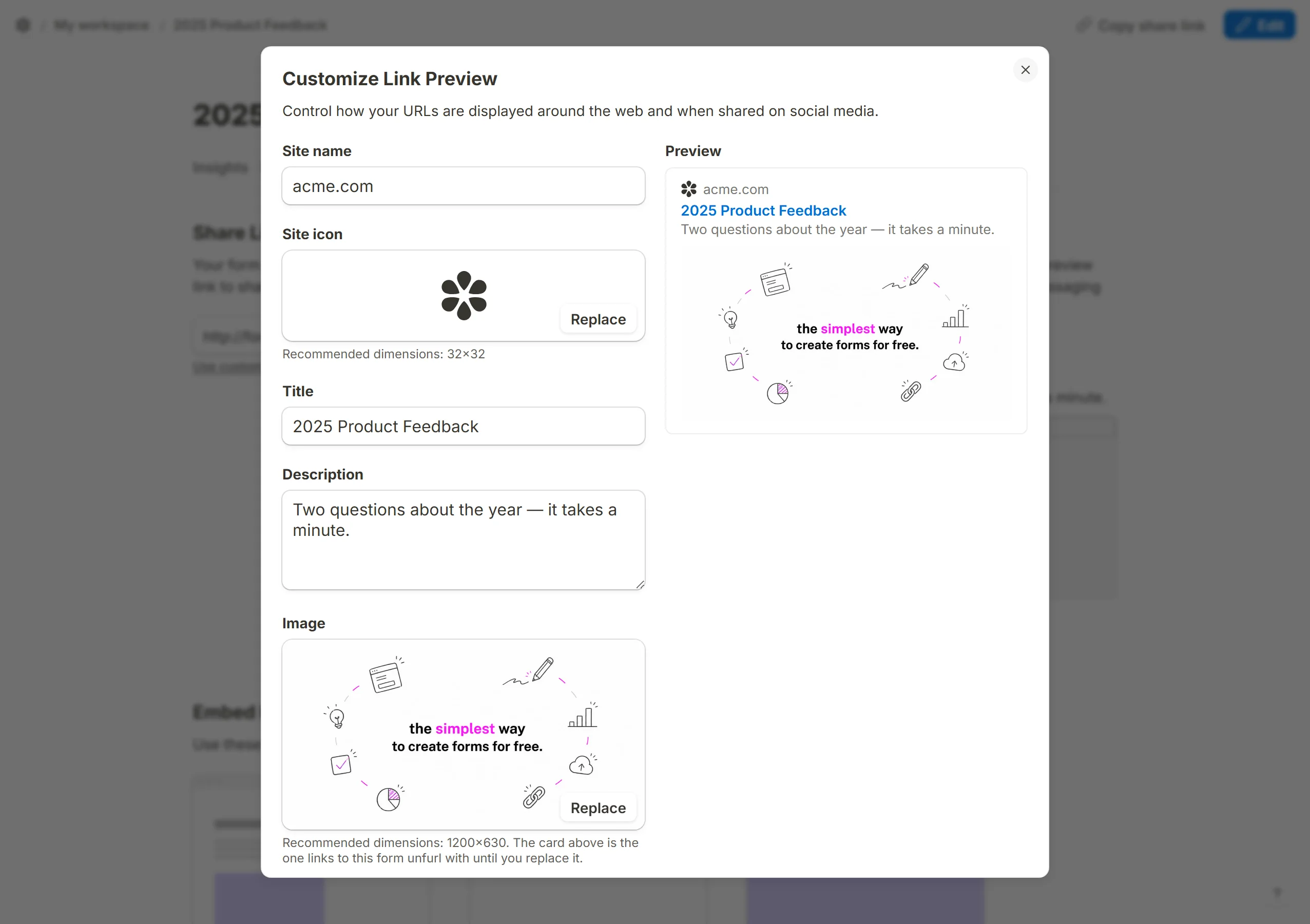 The Share tab Customize Link Preview dialog, its five fields beside the card they build.