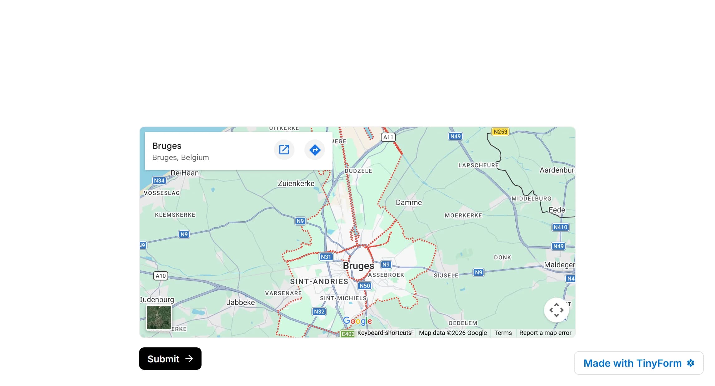 A published form with a Google map framed inside it