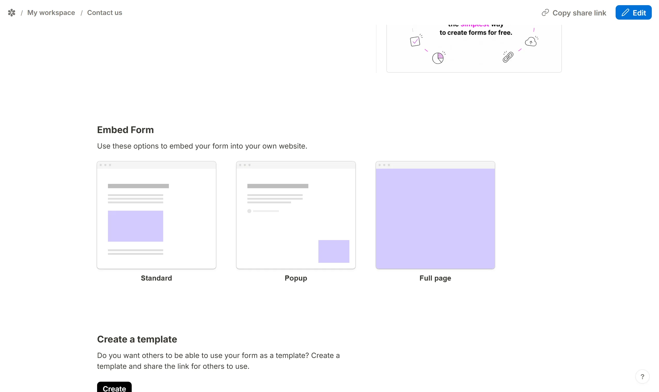The Share tab's Embed Form section, with the Standard, Popup and Full page cards.