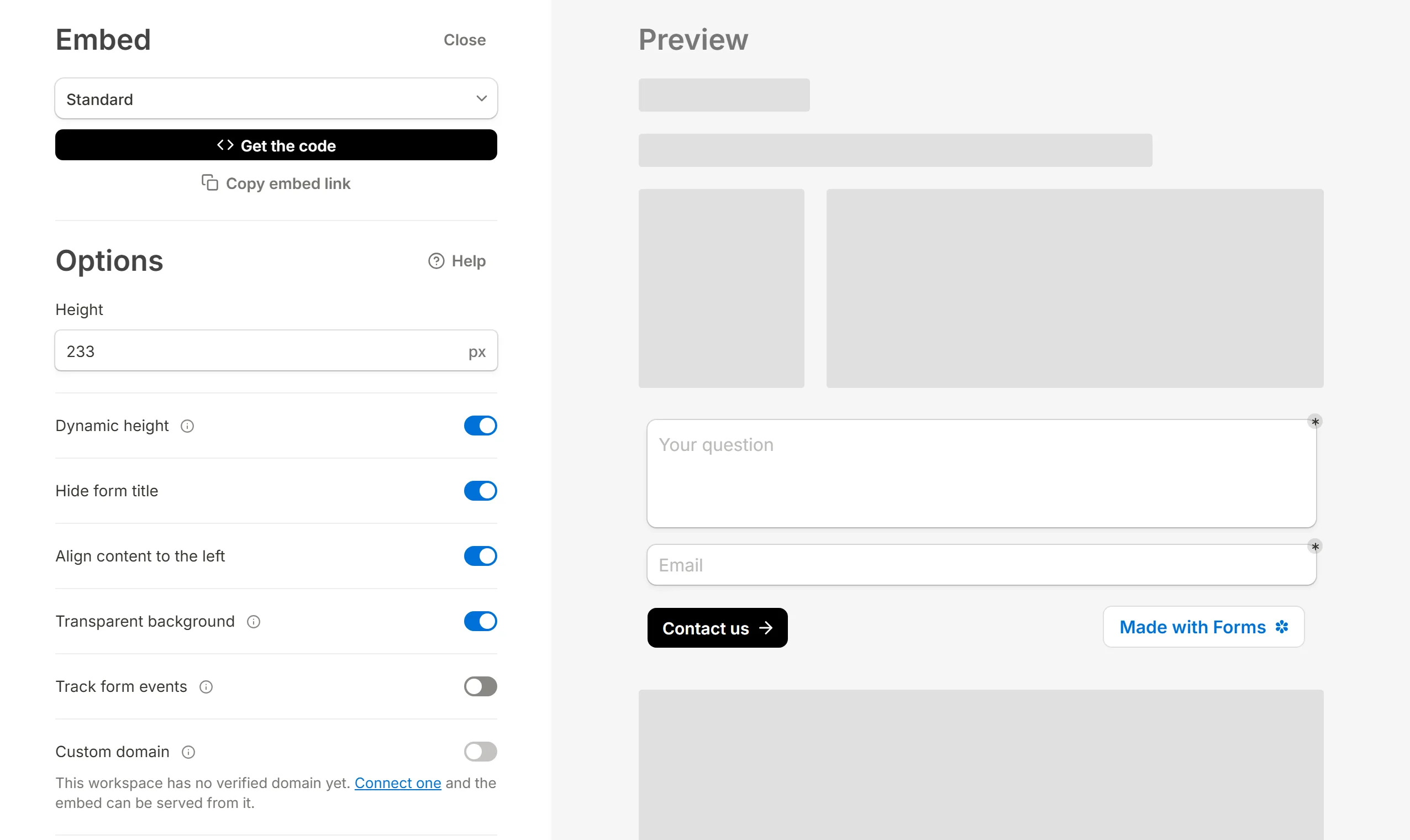 The Standard embed dialog, with Copy embed link under Get the code and the form drawn inline in the preview.
