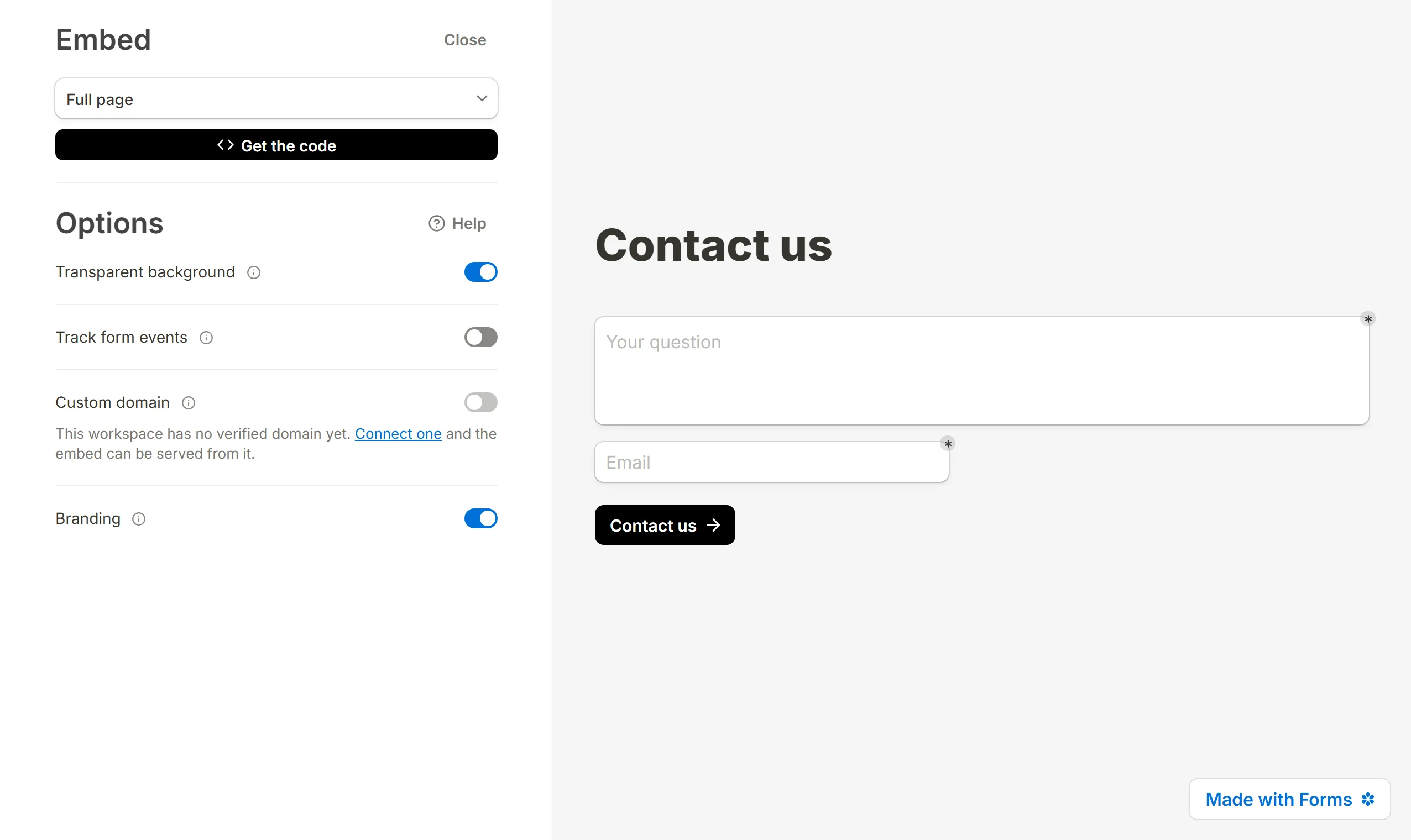 The Full page embed dialog, with the form filling the whole preview on the right.
