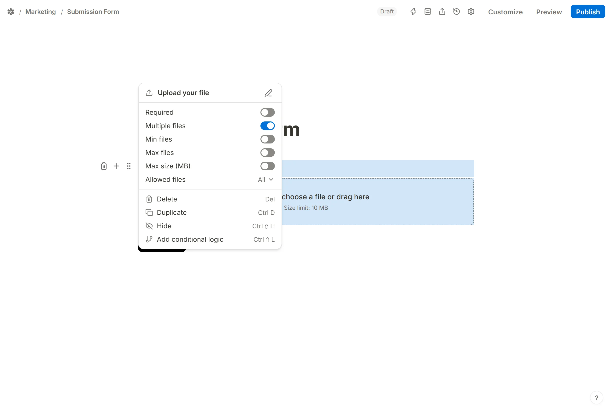 Multiple files switched on, which opens Min files and Max files under it