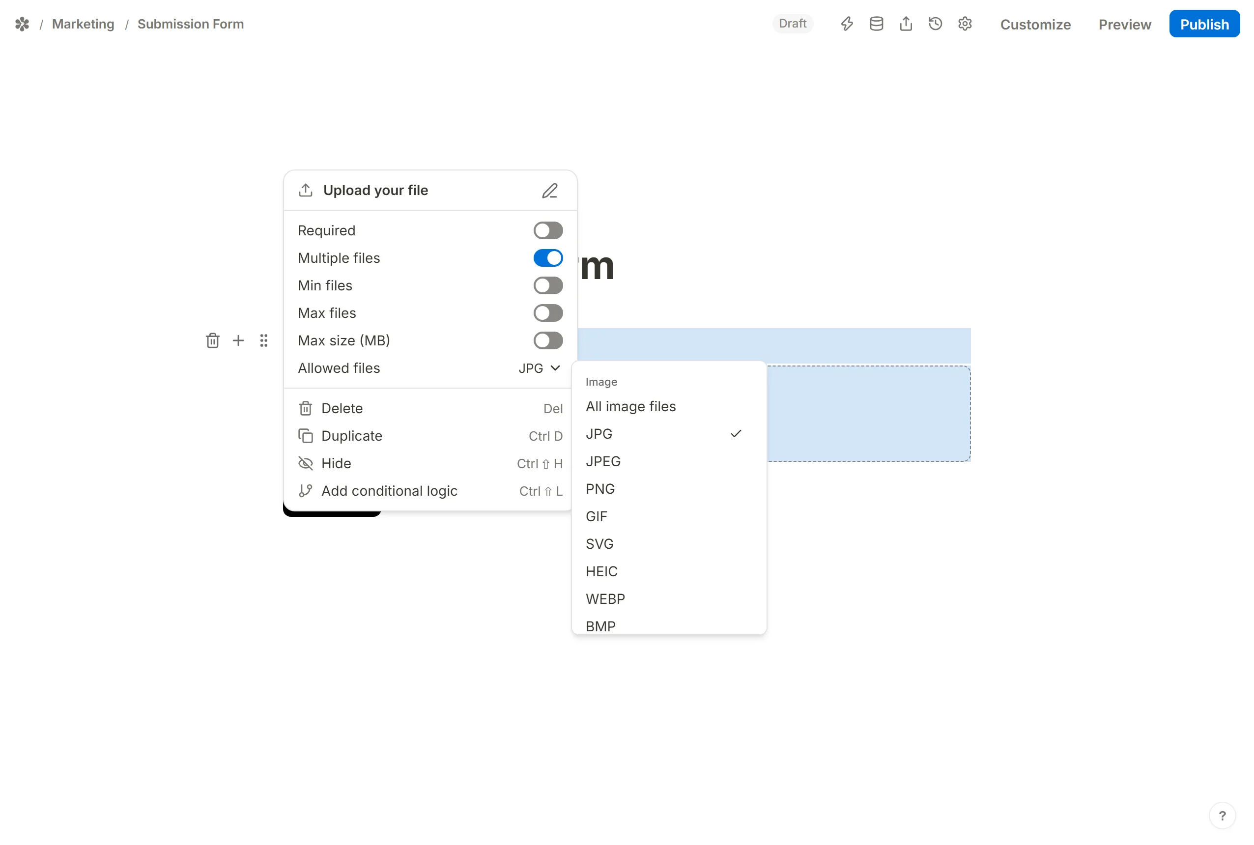 Allowed files narrowed, its list grouped into Image, Video, Audio, Text and Application