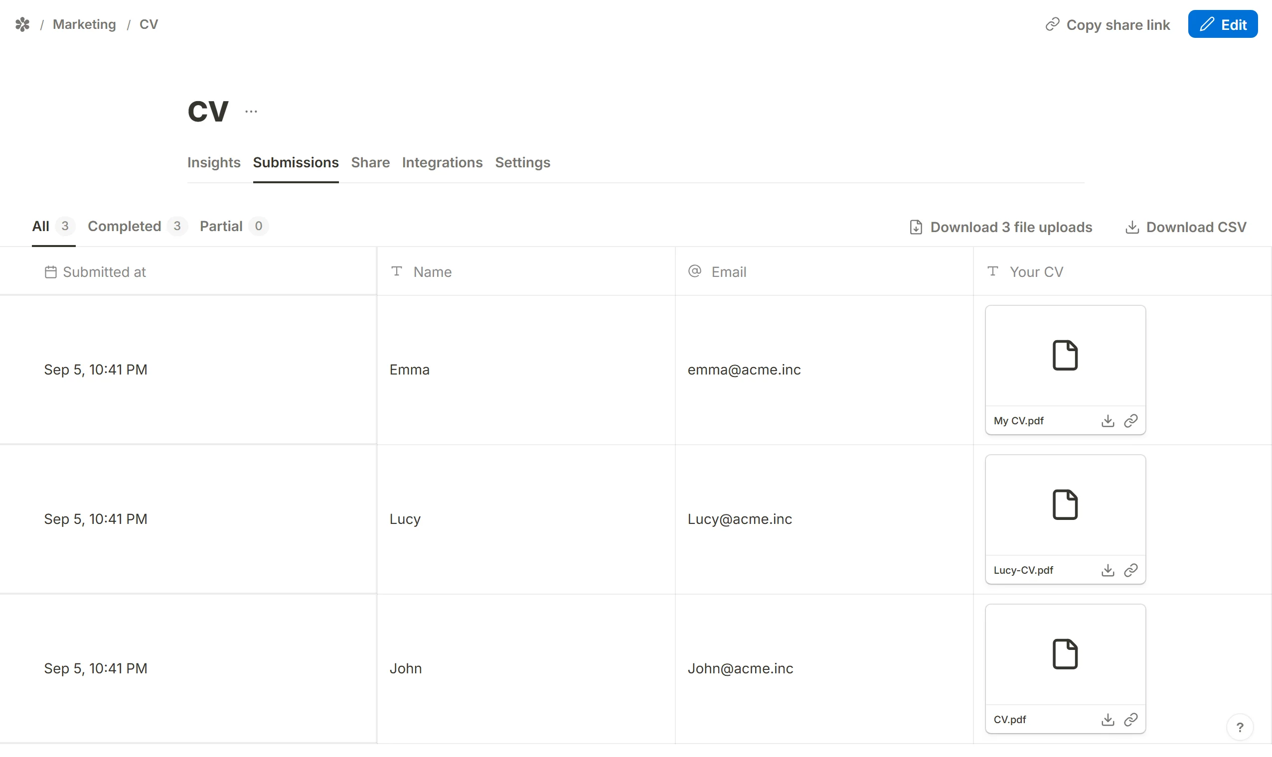 The Submissions tab with each attachment drawn in a column of its own