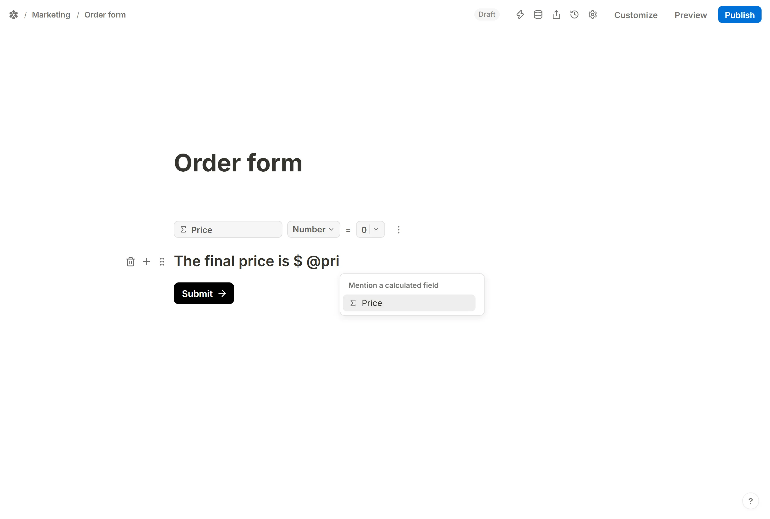The @ menu offering the calculated field, so its value can be shown in the text