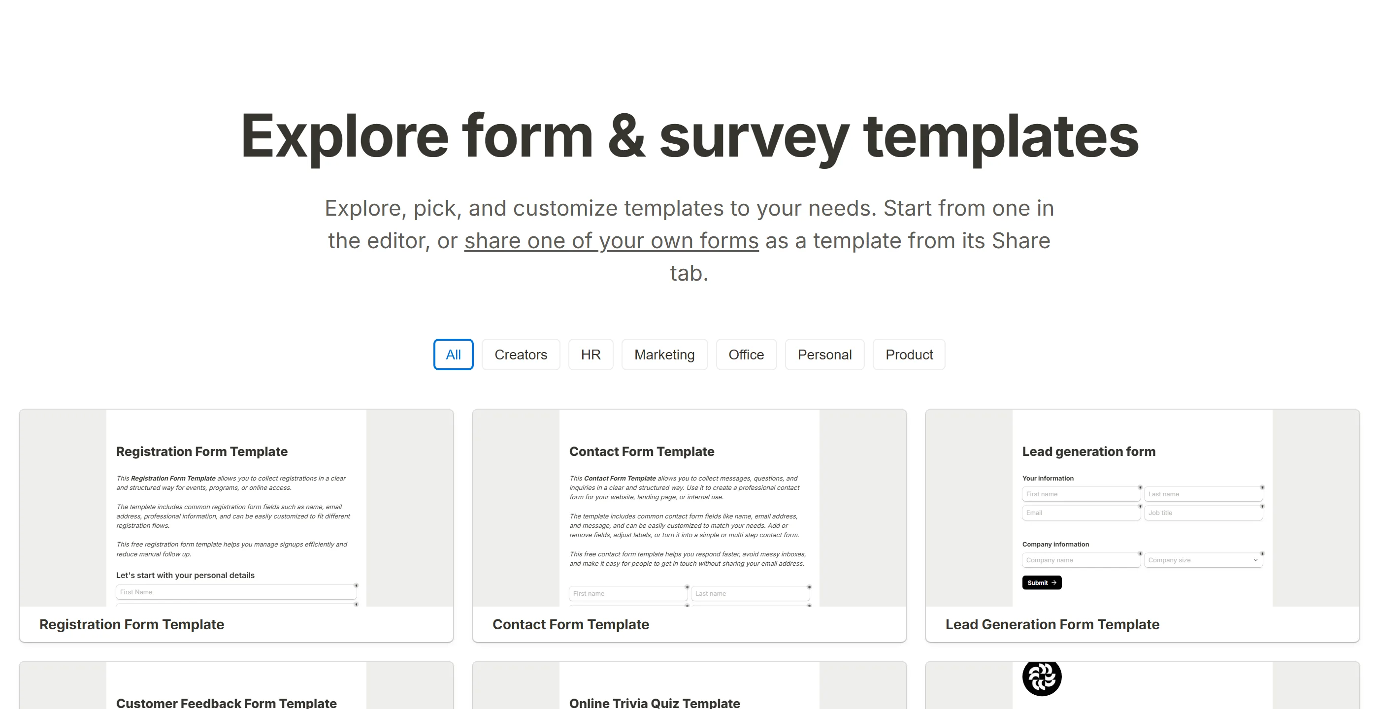 The template gallery at /templates, its category pills over a grid of template cards.