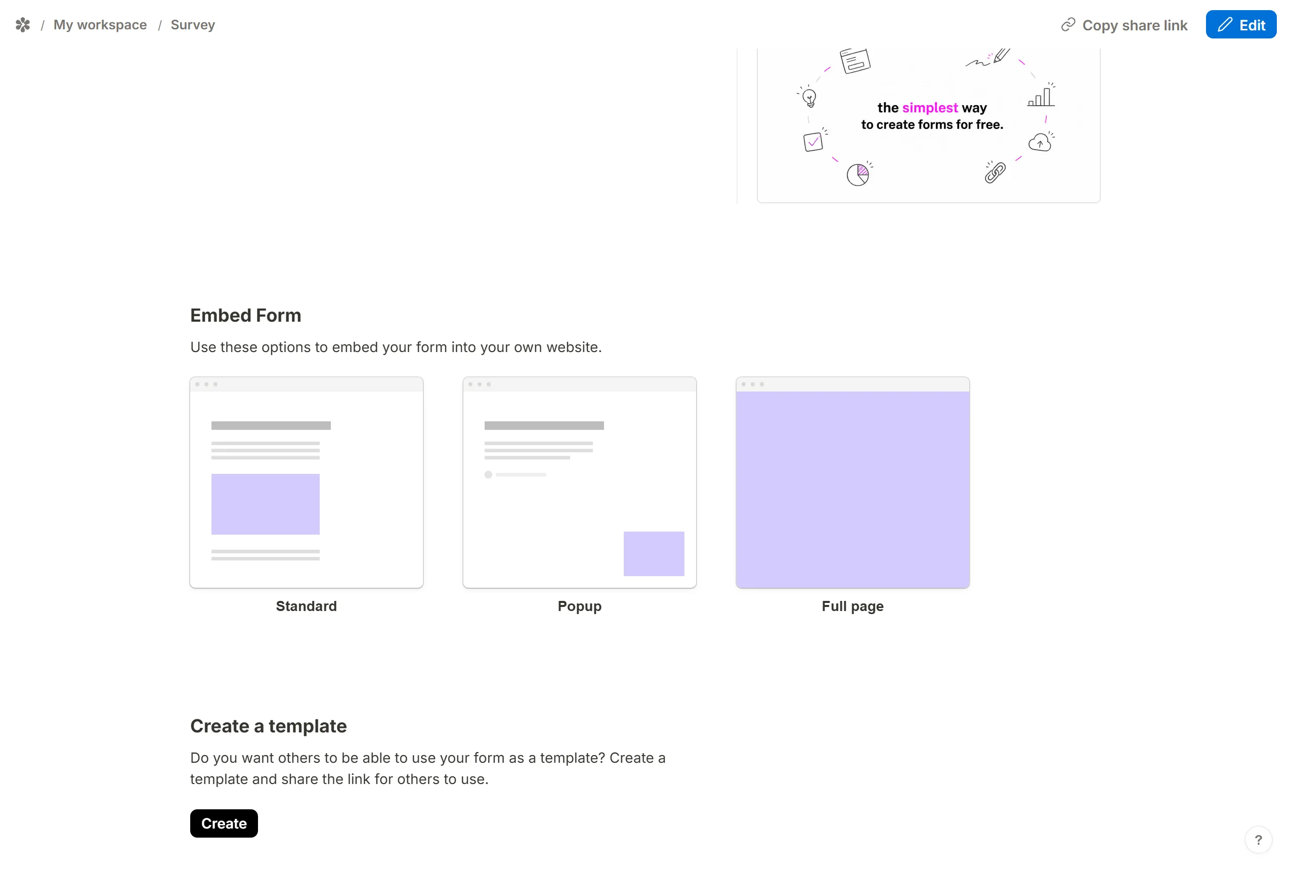 The Share tab of a published form, scrolled to the Create a template block and its Create button.