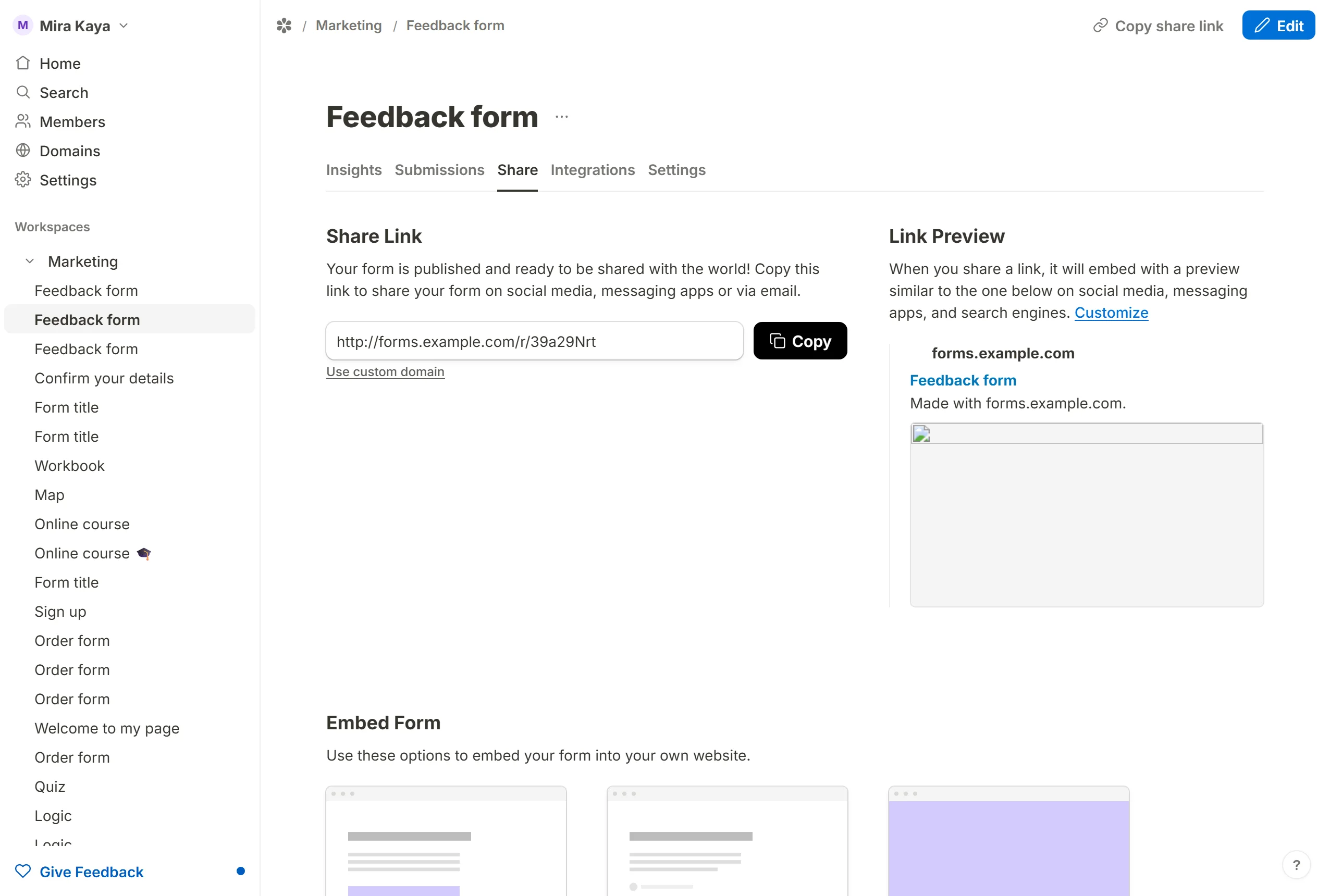 The Share tab, where the published form's link is copied before the parameters are added to it