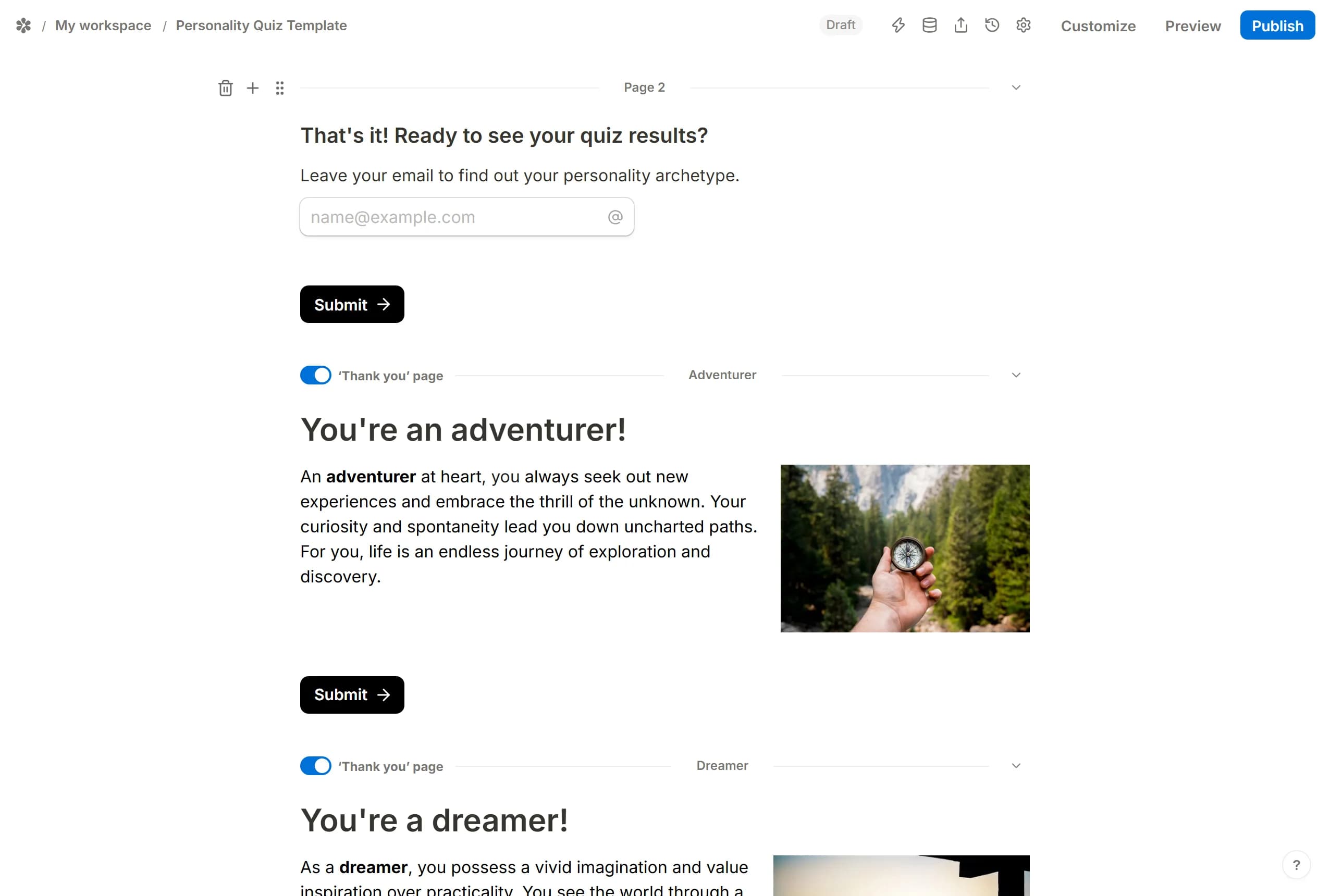 The page that asks for an email address, in the editor