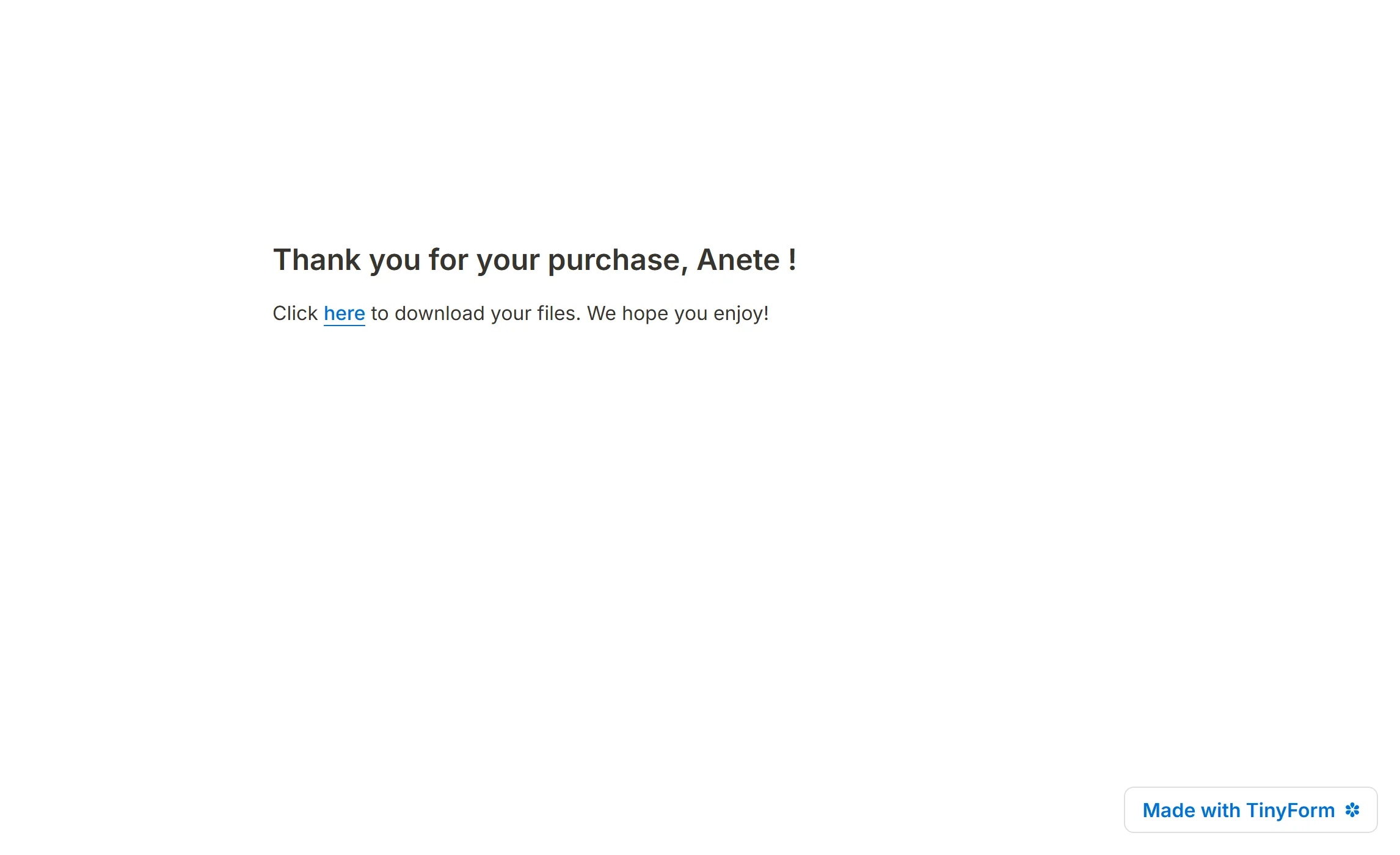 The published Download form after a submit, showing its own Thank you page: “Thank you for your purchase, Anete!” over a line with a download link.
