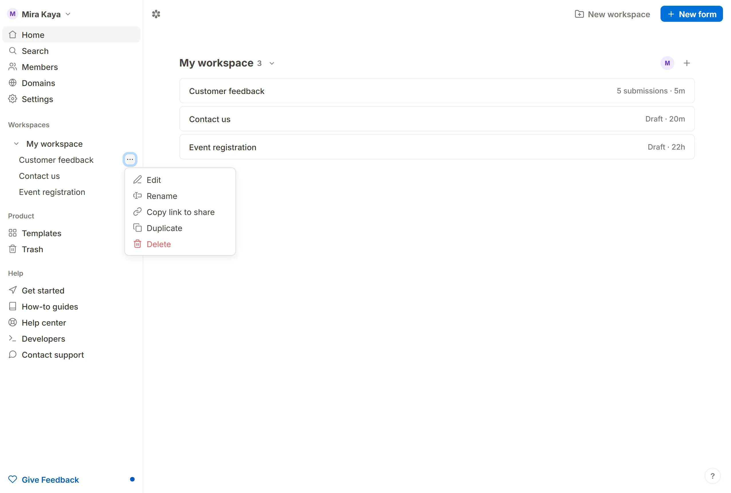 A form's own menu in the sidebar, numbered: the dots, then Delete