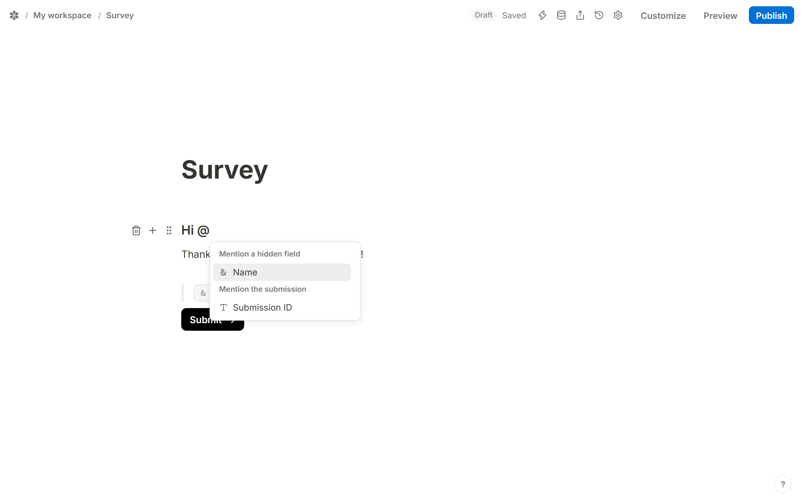 Typing @ on a line opens the mention menu, headed Mention a hidden field