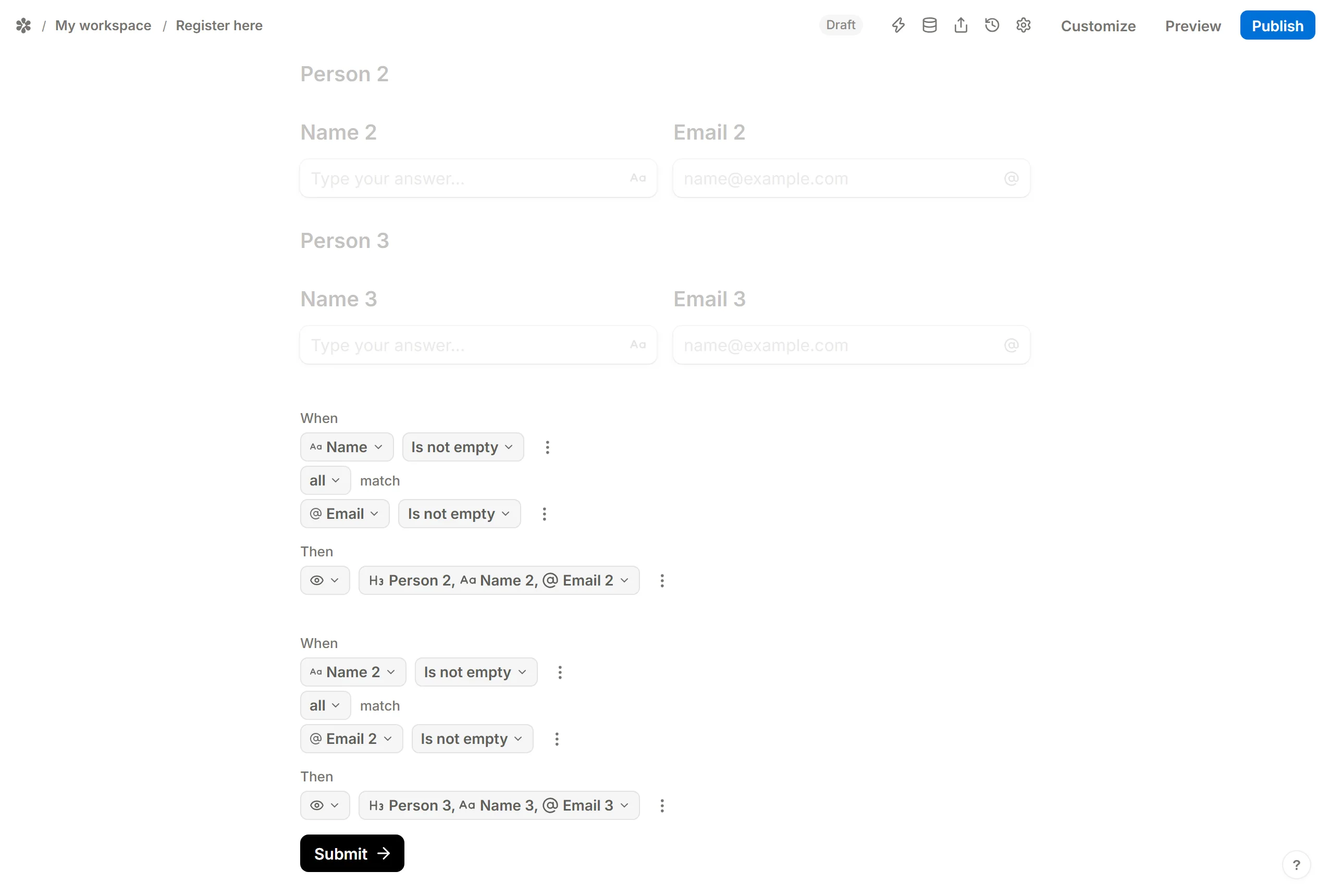 Two Conditional logic blocks under the three sets: when Name and Email are not empty, show the next person’s heading and their two questions.