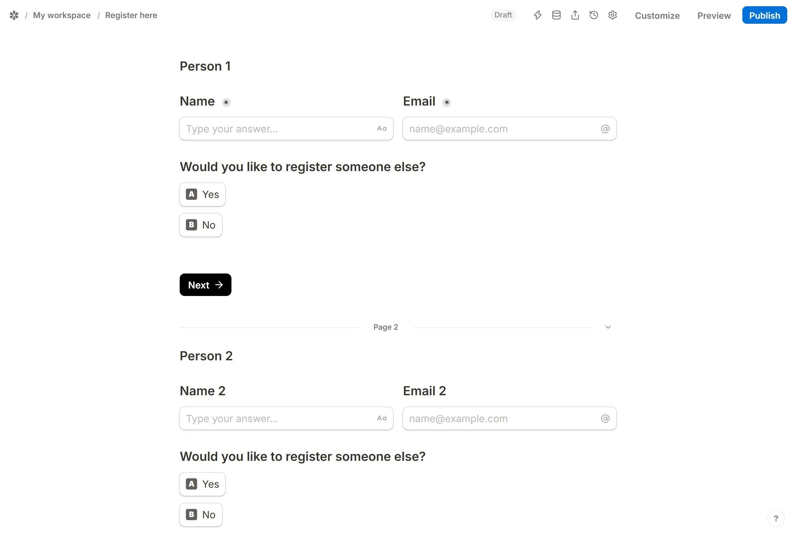 The same form scrolled past the Page 2 divider, where the set of questions and the yes/no question are repeated for Person 2.