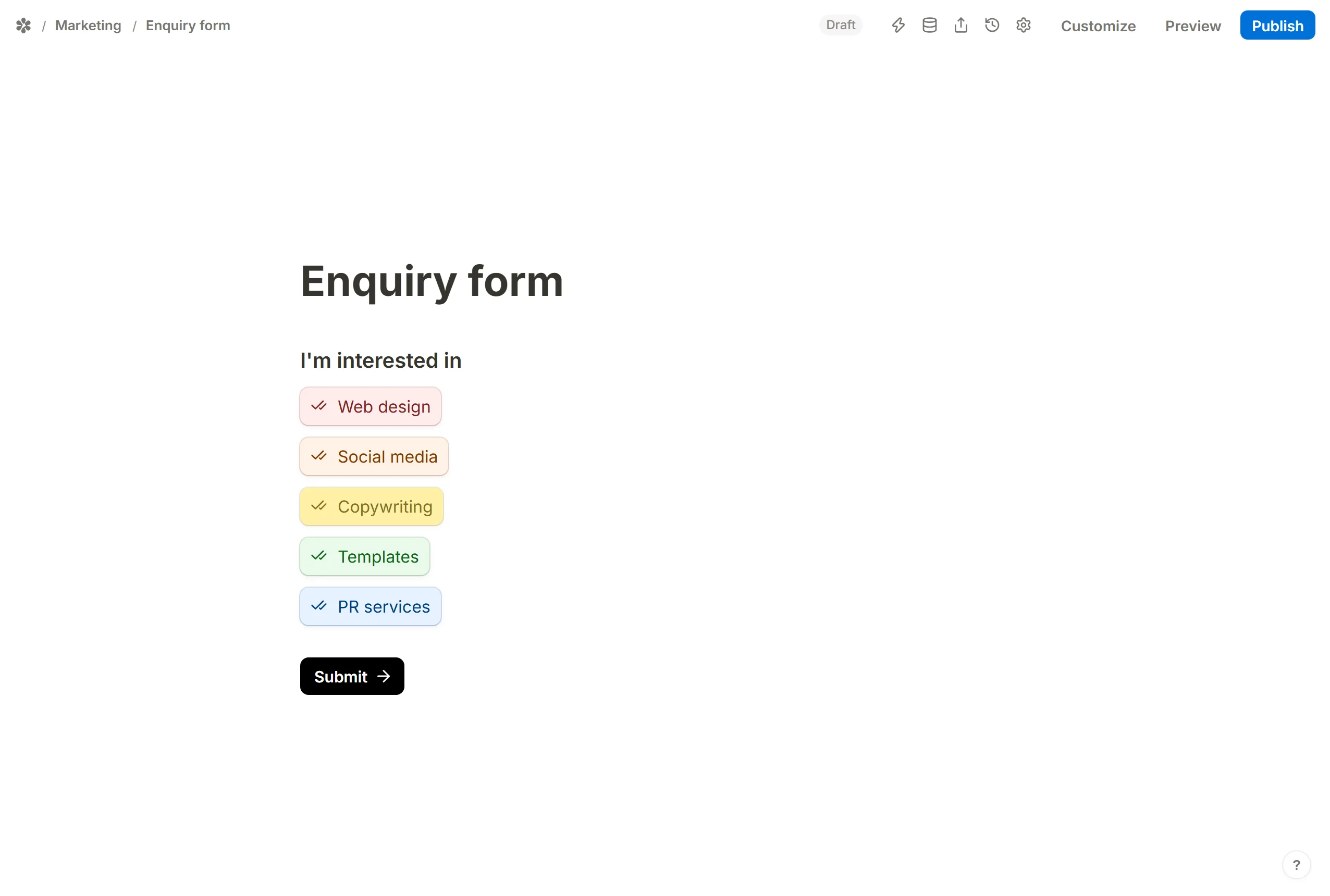 Multi-select chosen from the slash menu, then the options typed one per row