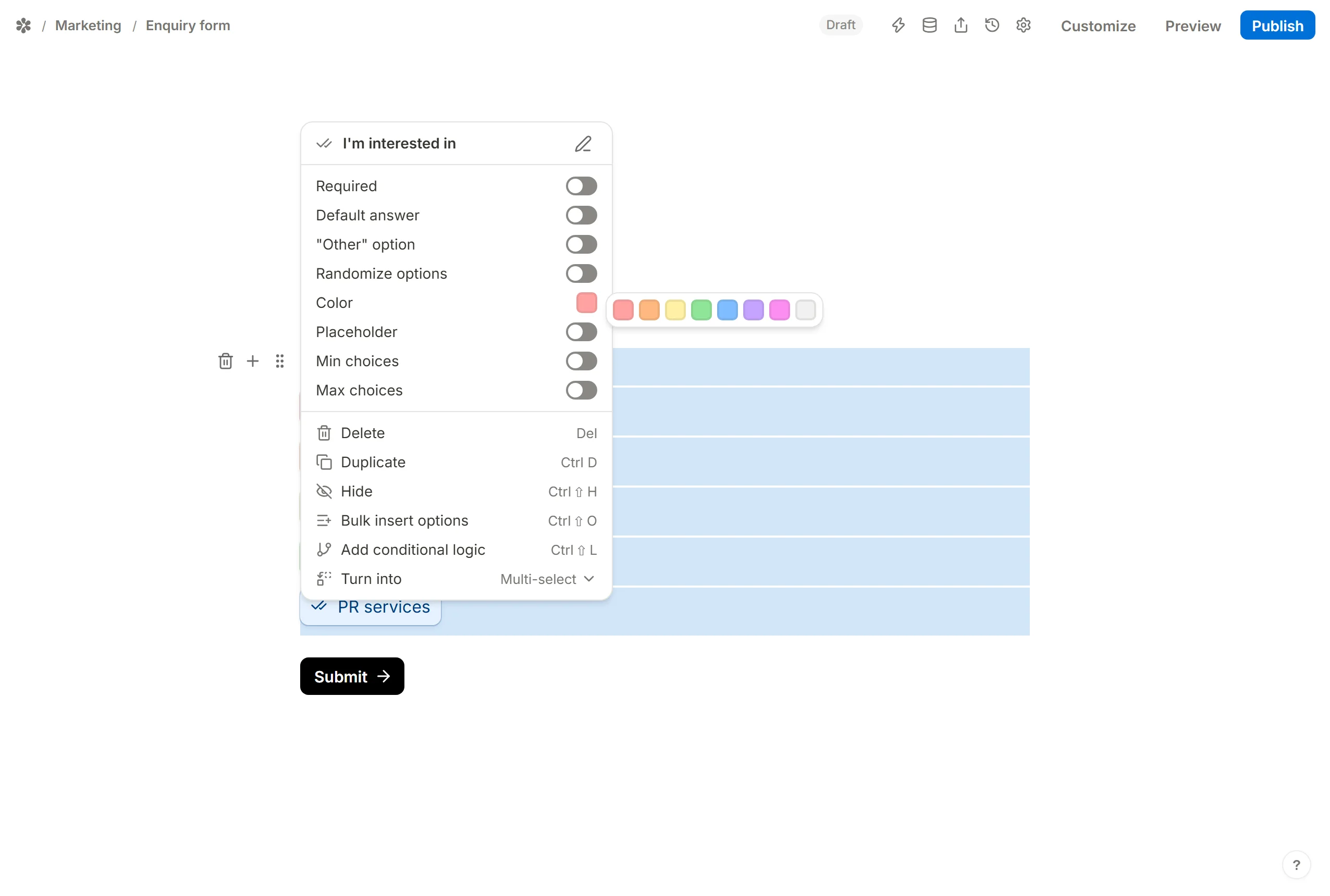 Color-code options switched on, and one option's own colour picked from the fixed set