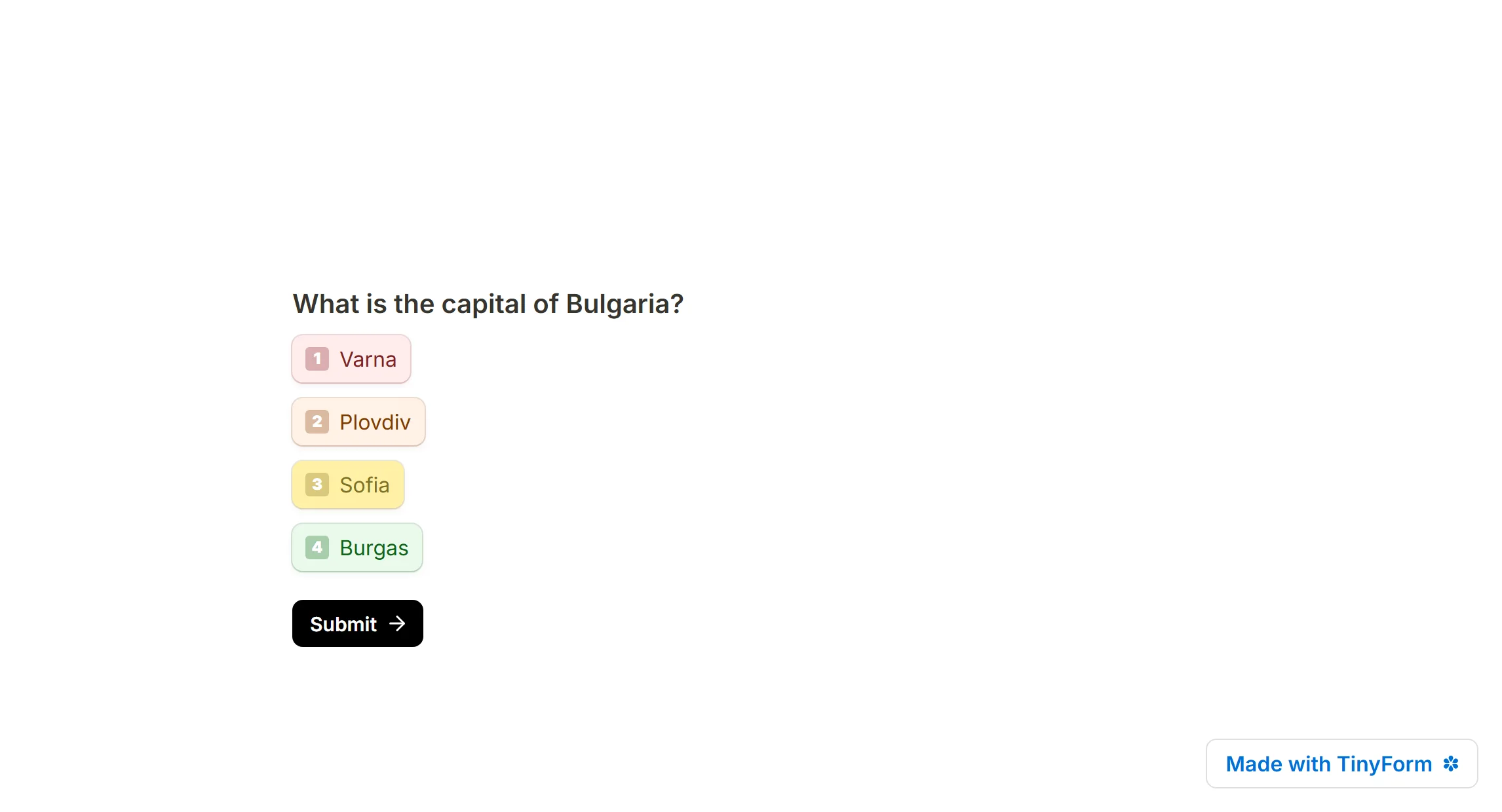 A published question with Color-code options on, each answer tinted with its own colour