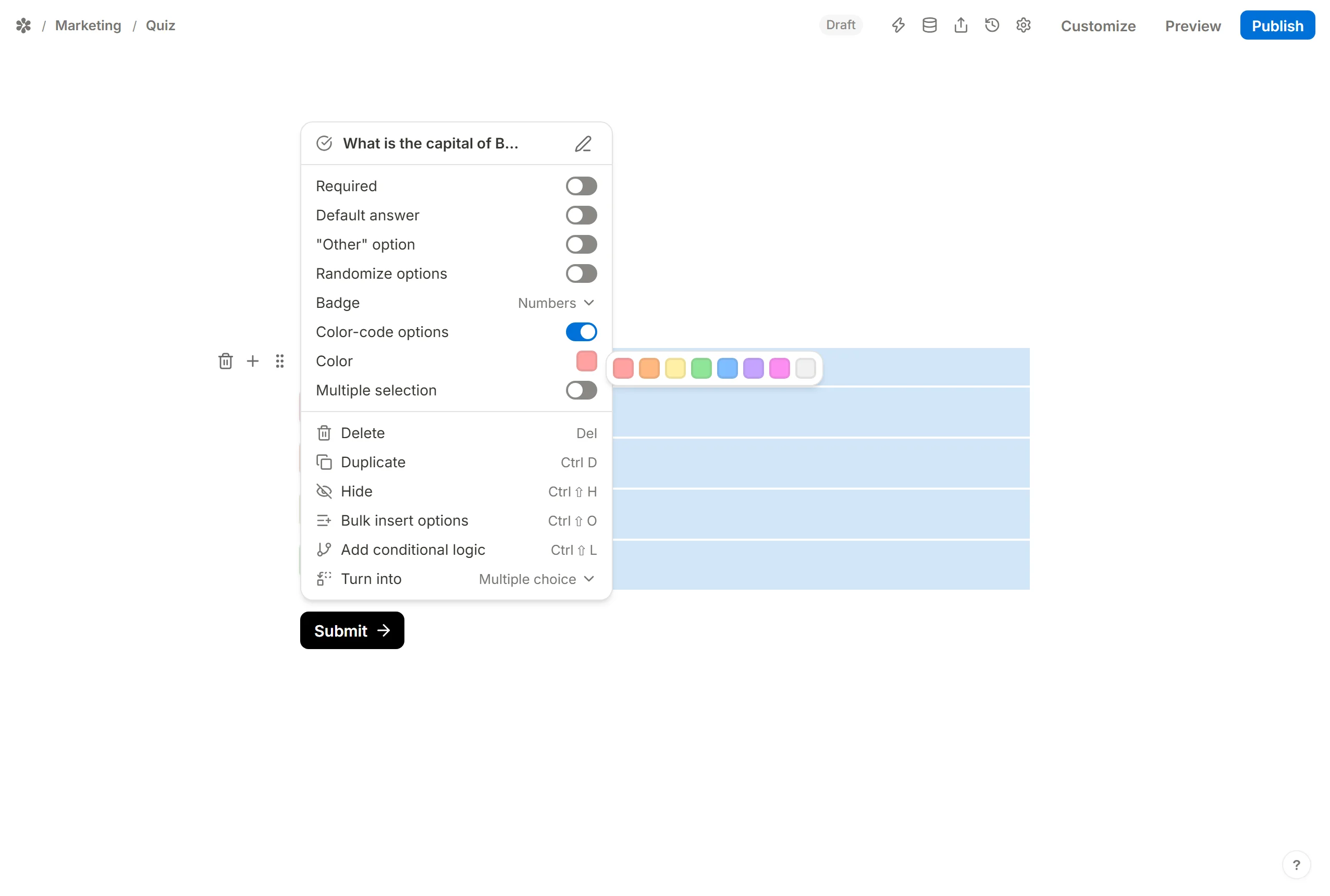 One option's Color row, with its fixed set from Red to Grey
