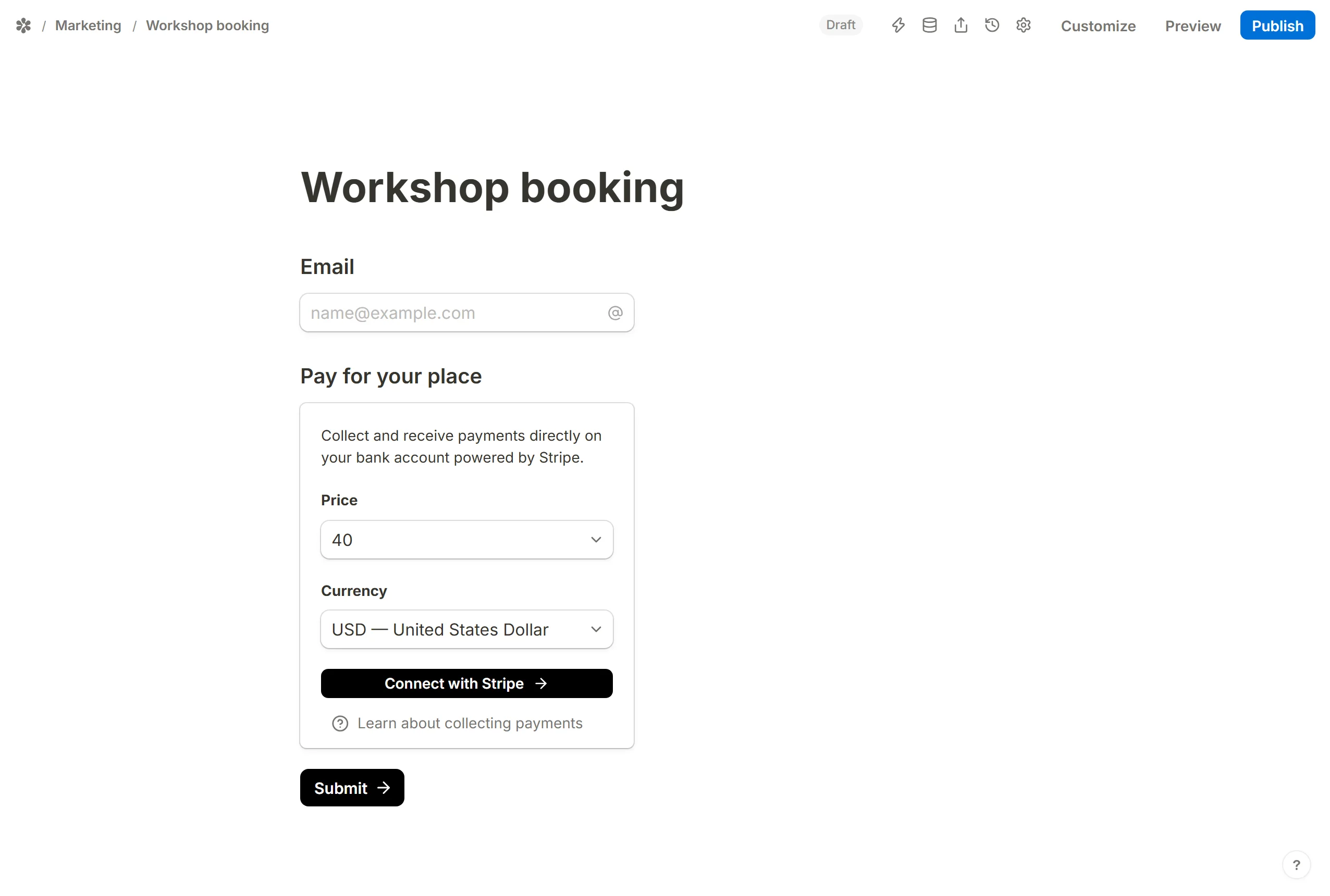 A Payment block on the canvas: its price, the currency list and the Connect with Stripe button