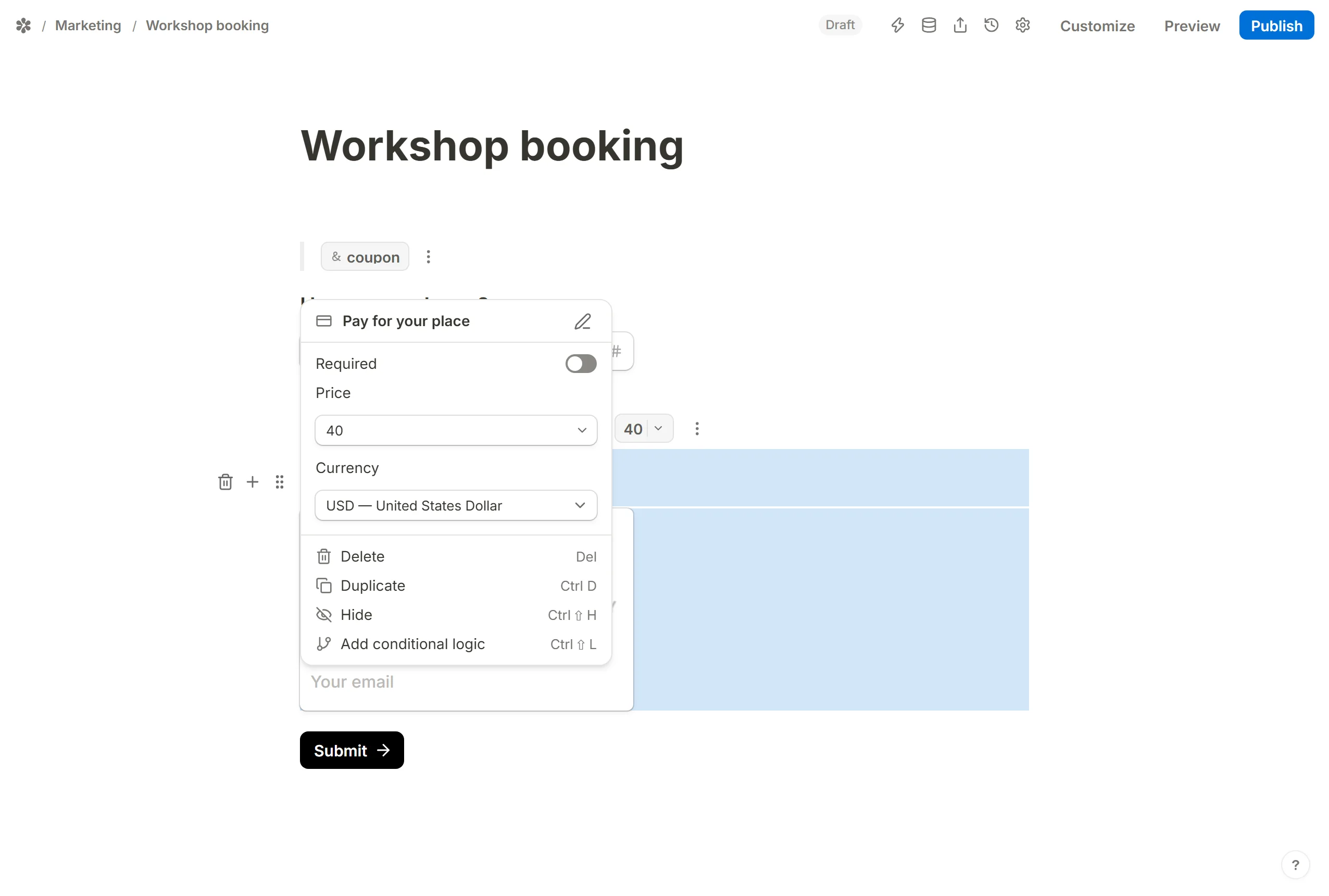 The Price and Currency rows in a connected Payment block's settings menu