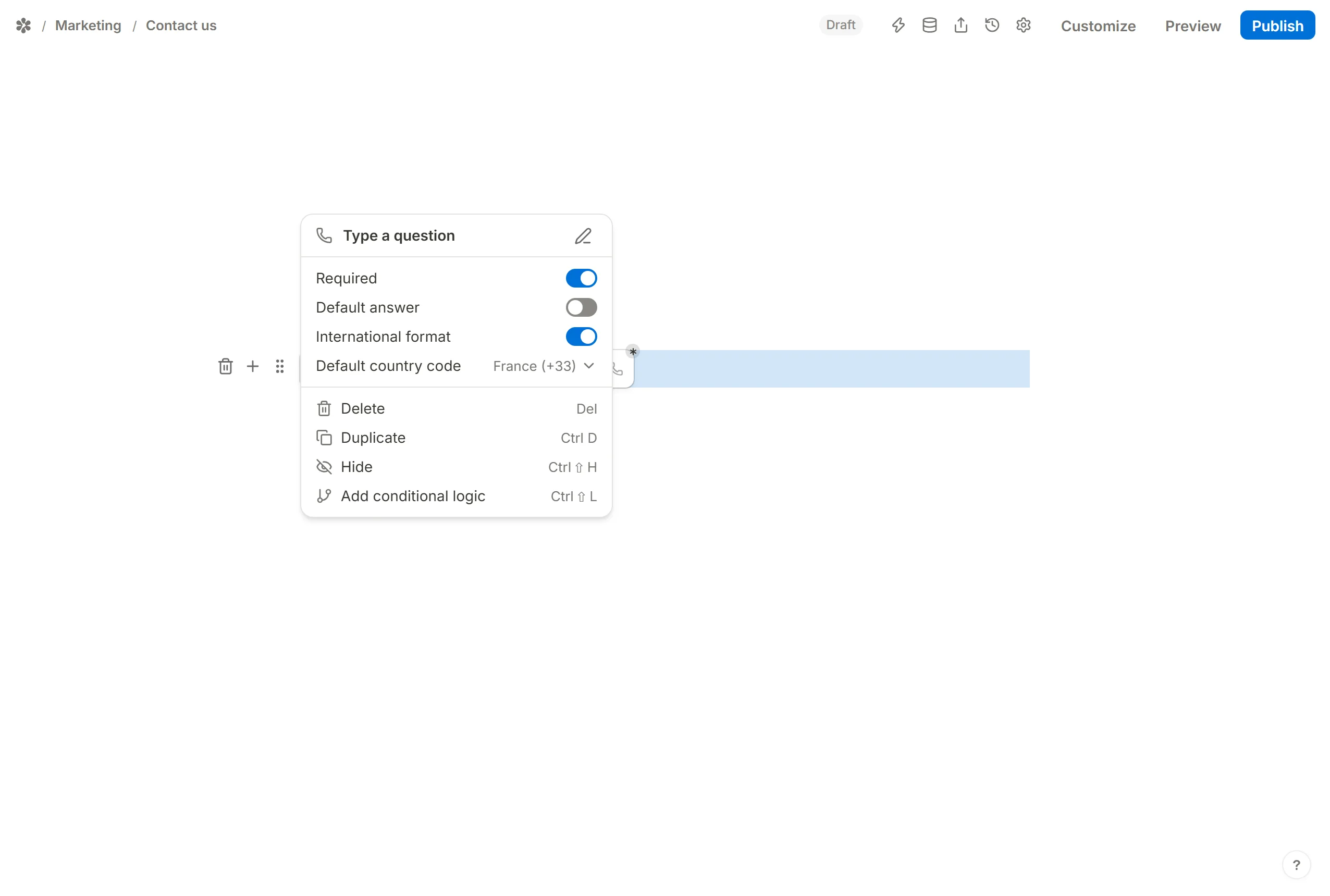 Default country code picked in the block's settings, so the box opens on that flag
