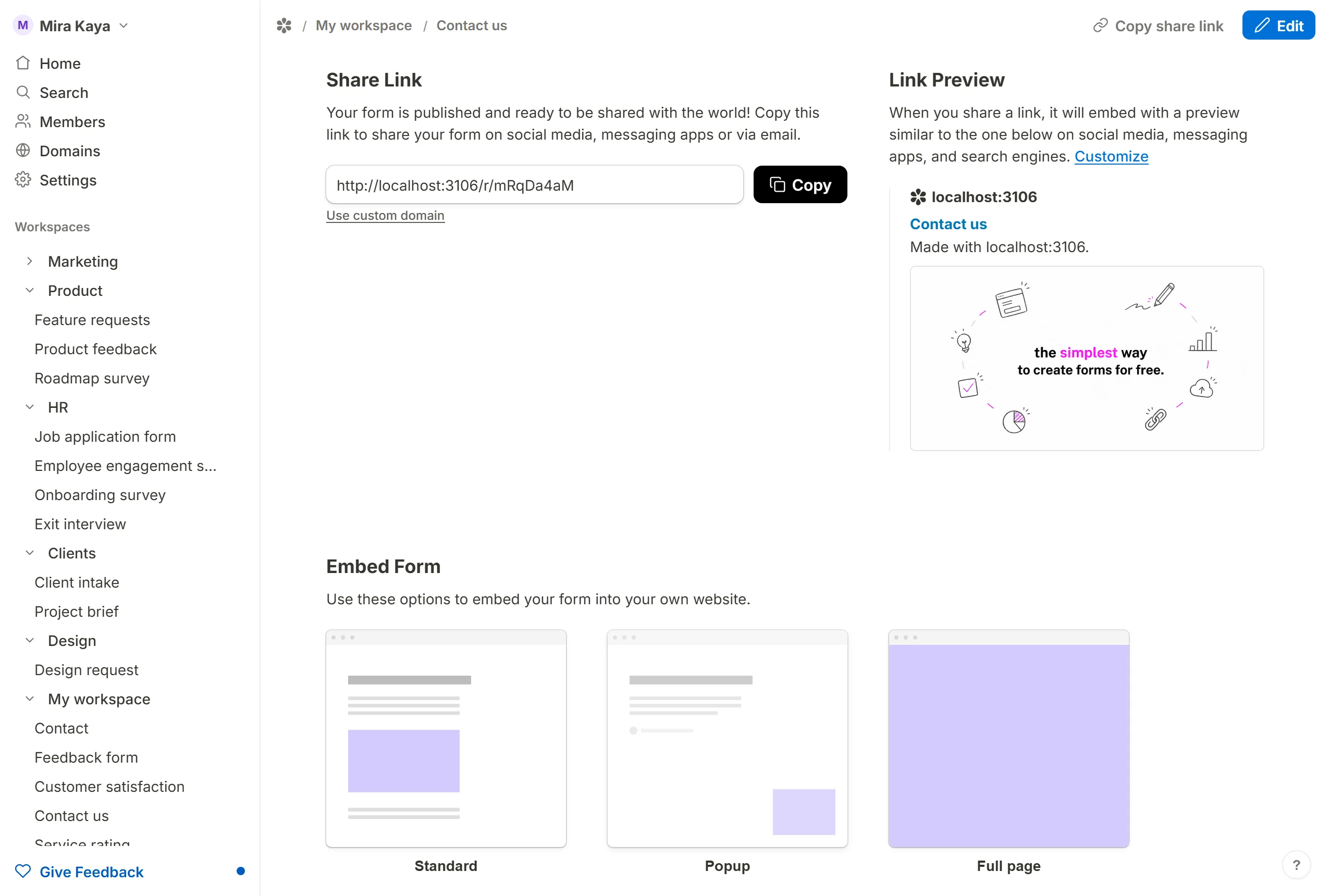 The Share tab's three embed cards, with Popup among them