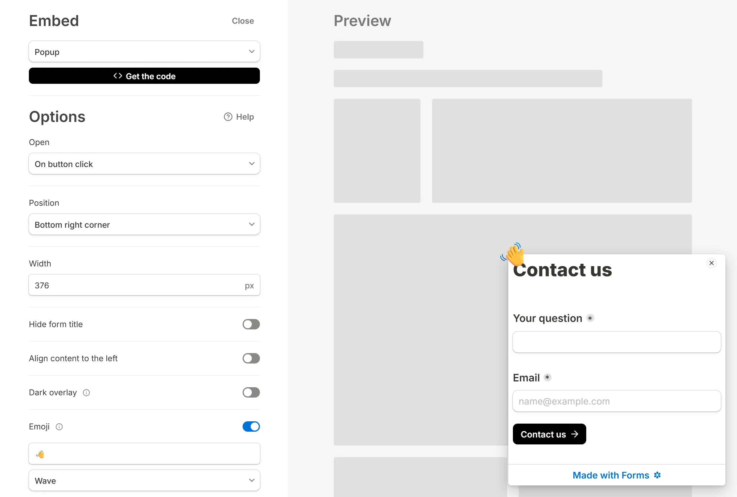 The popup dialog: its options on the left, a live preview of the panel on the right