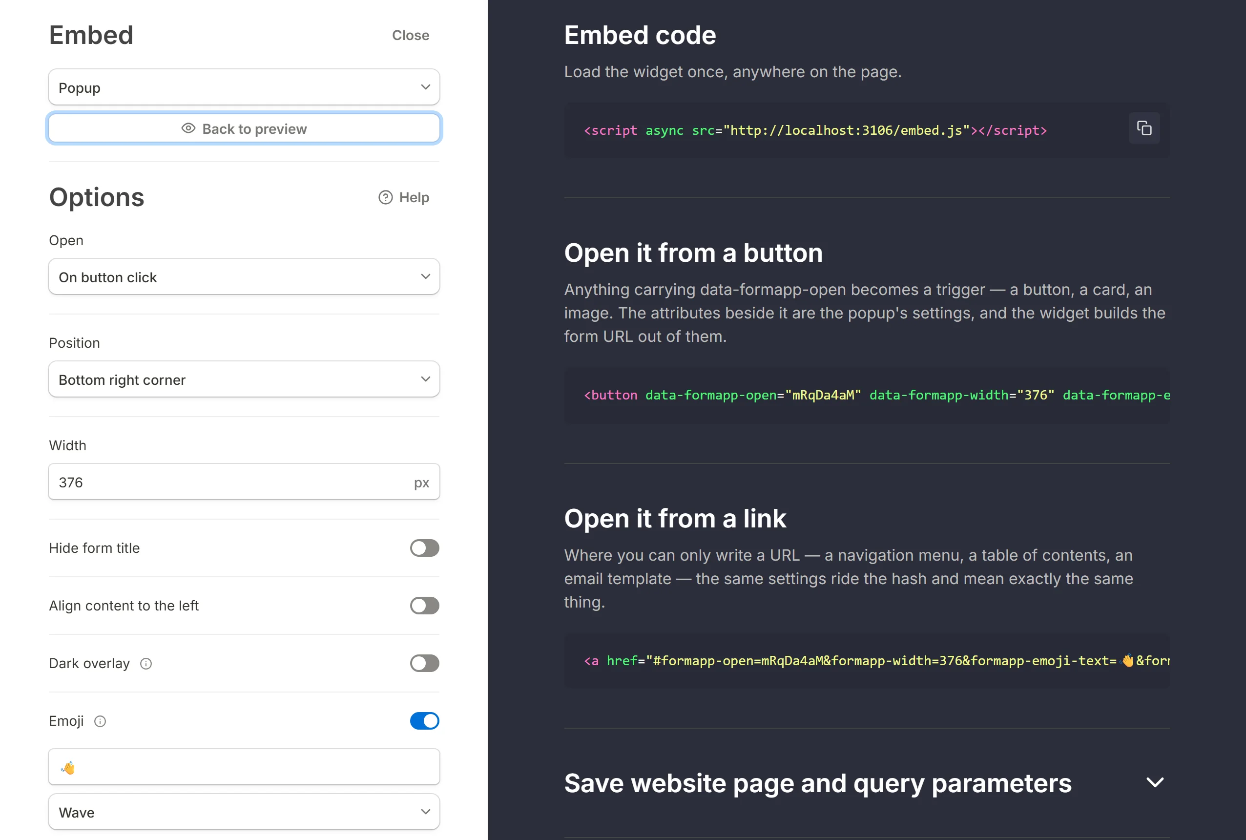 The generated snippet, with the button that copies it