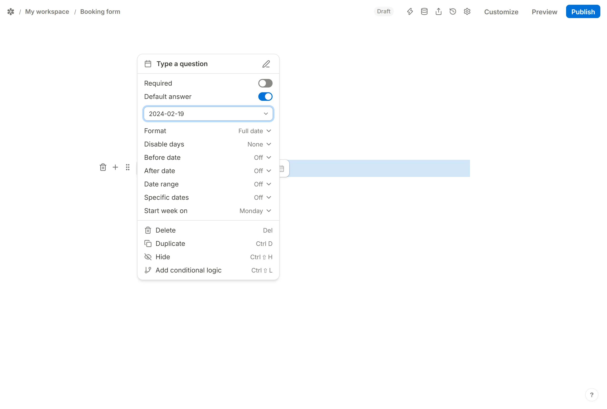 A date question block menu showing 2024-02-19 written into the Prefilled value box