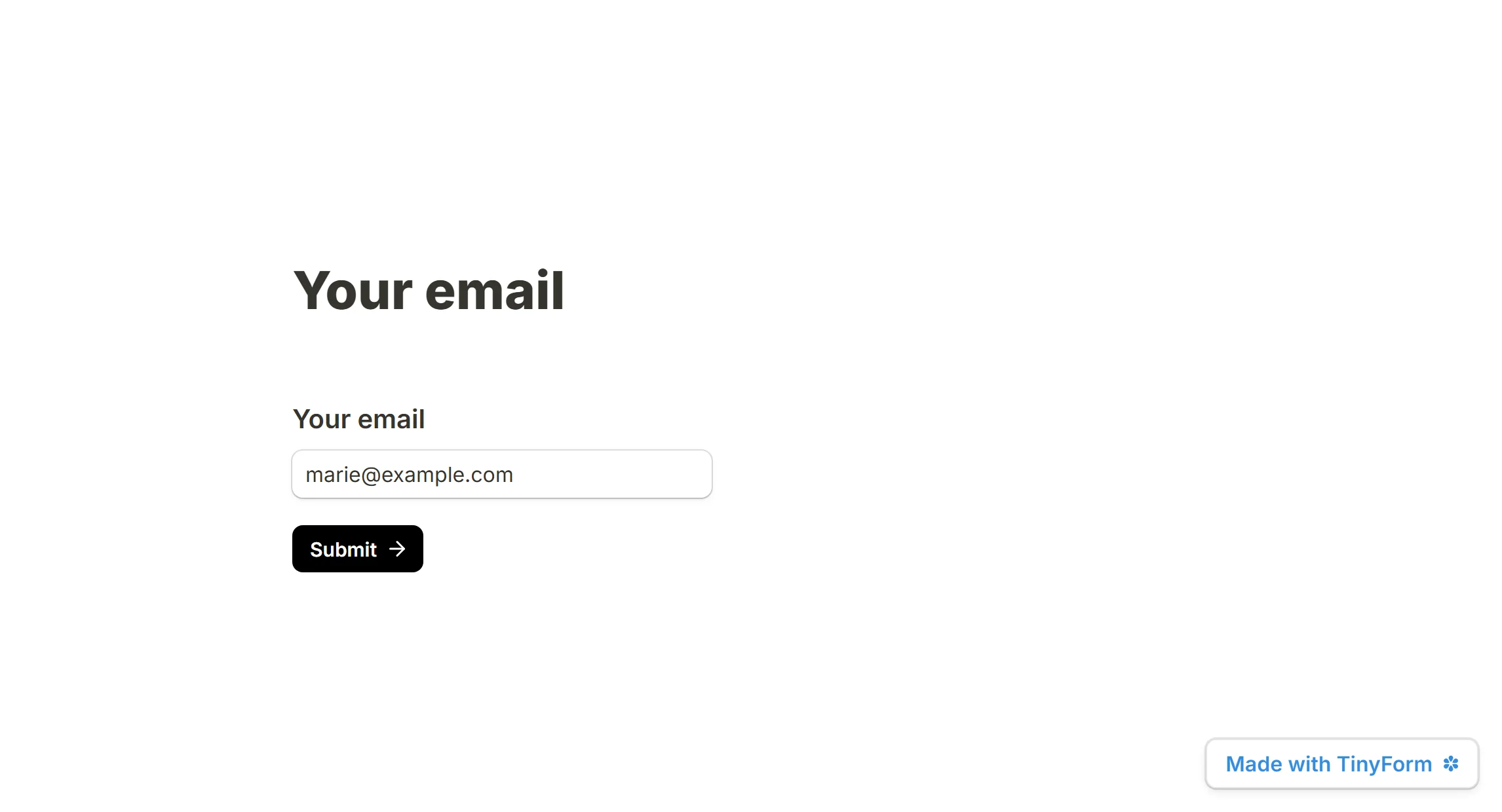 The published form opened from a link carrying ?email=marie@example.com, with the email question already filled in