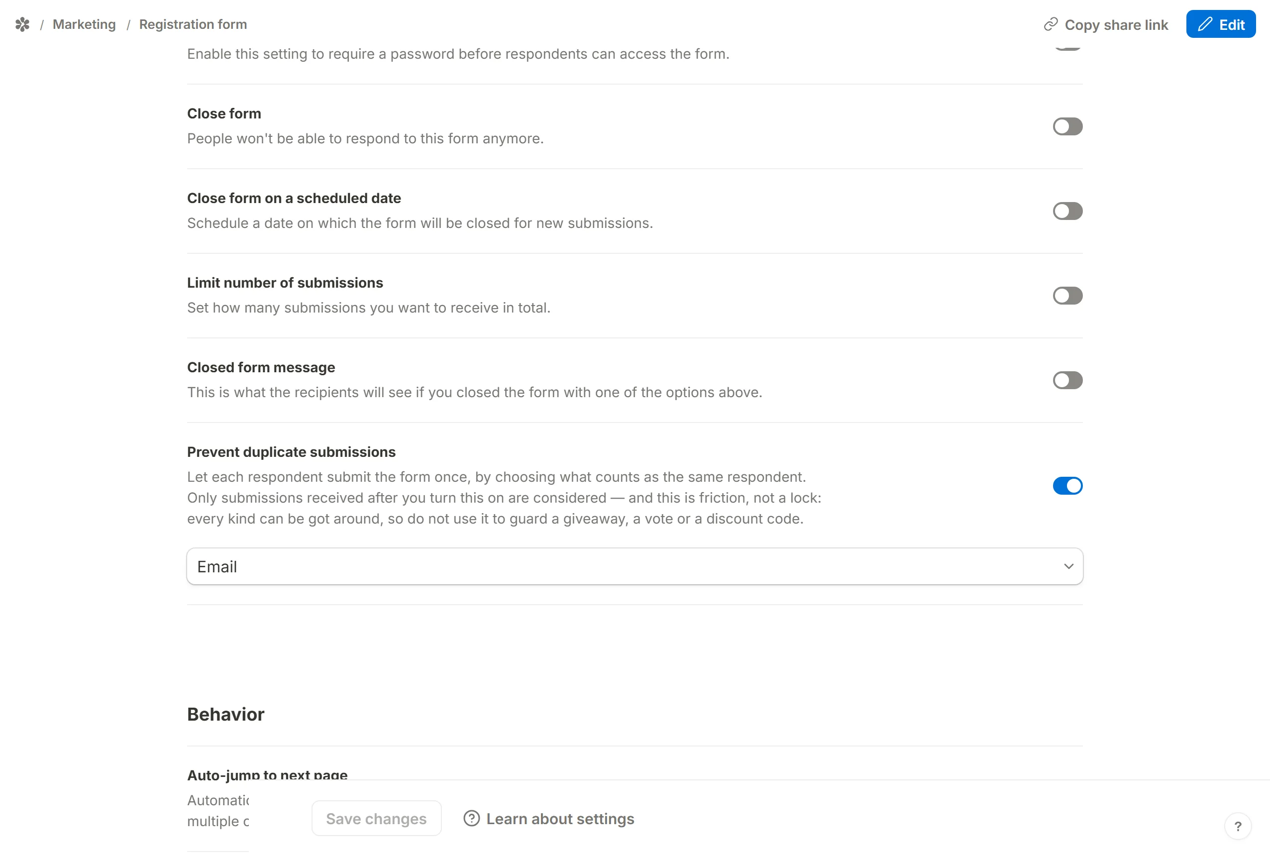 Prevent duplicate submissions switched on, identified by the Email question