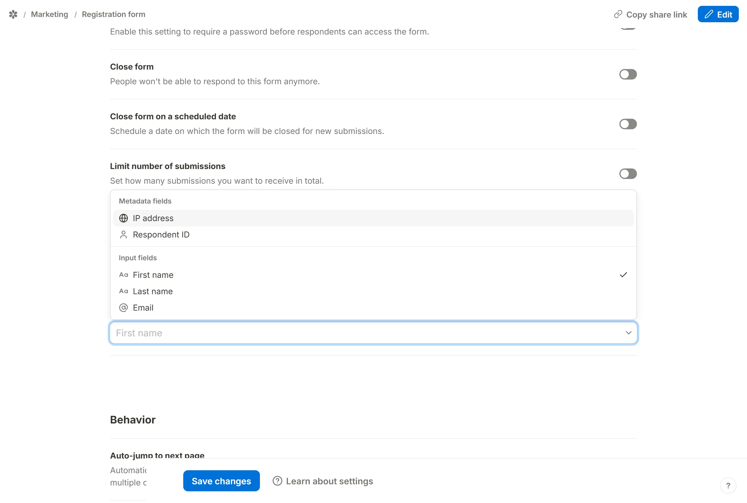 The picker's two groups: the metadata values and every question on the form