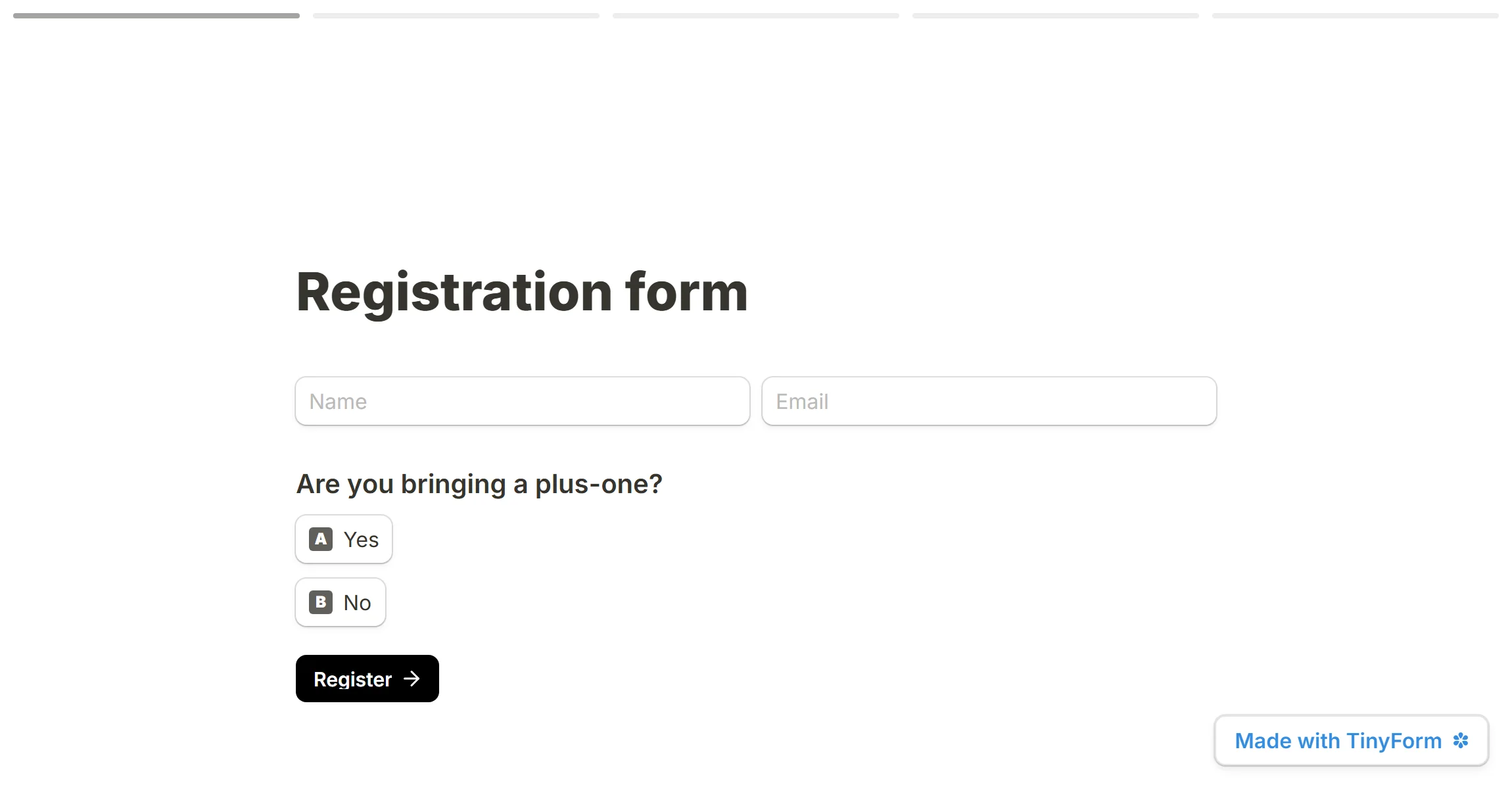 A published registration form with the progress bar across the top of the page, the first of its five segments filled in