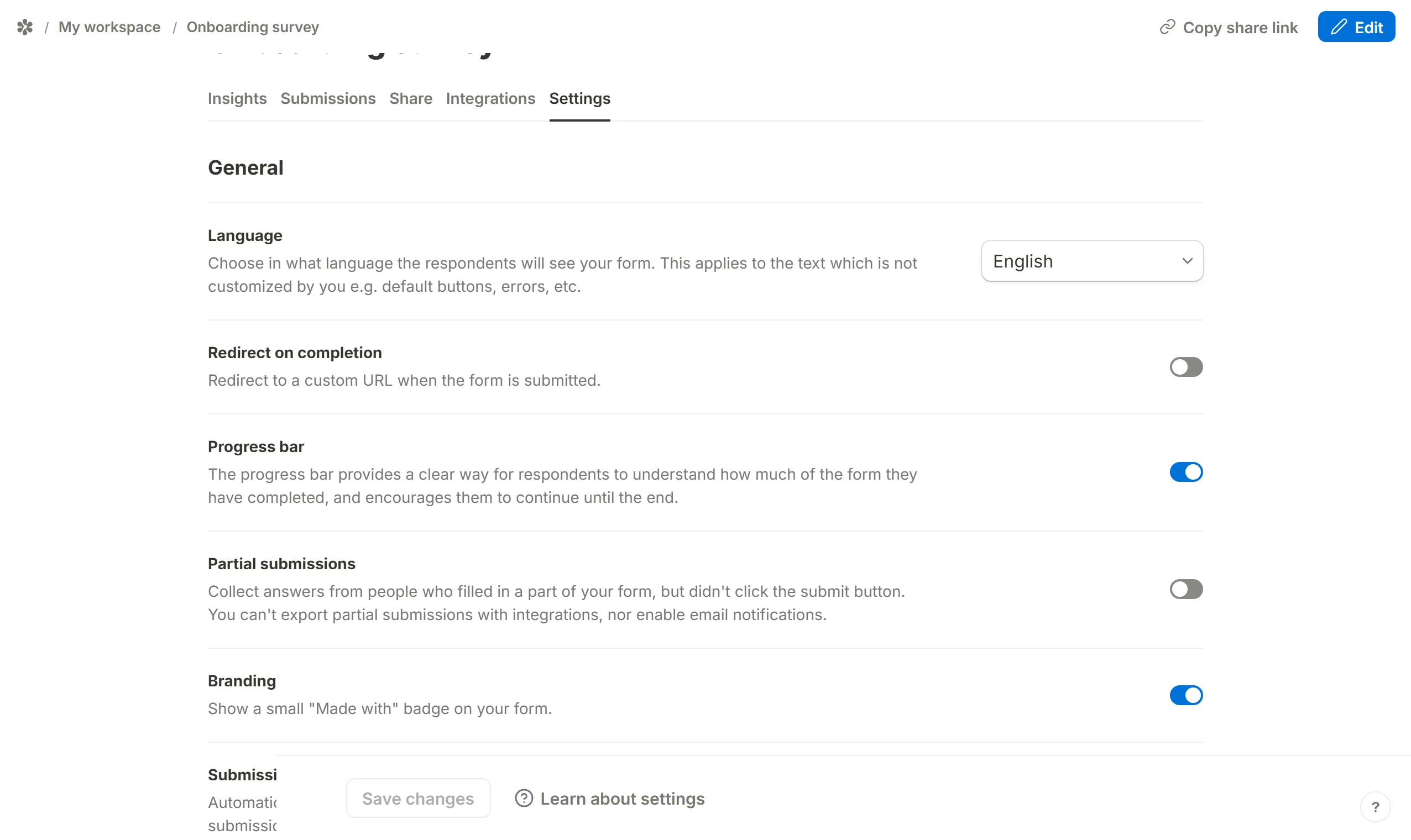 The form's Settings tab, with the Progress bar switch turned on in the General section
