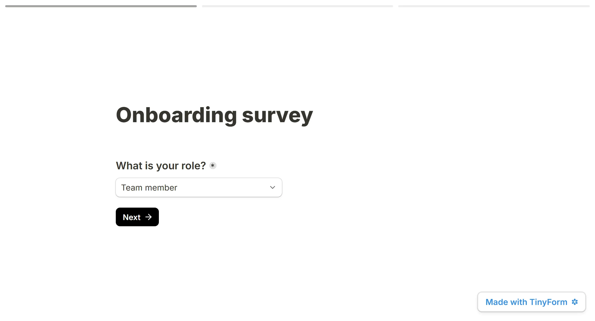 The published onboarding survey, a three-segment progress bar above the form title and the first segment filled