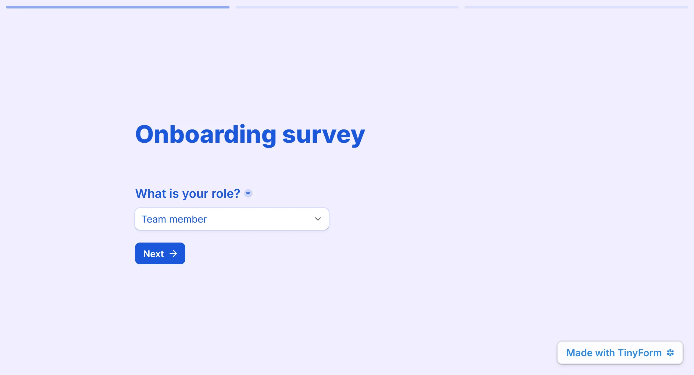 The same survey on a lavender theme, where the progress bar picks up the blue the form draws its text in